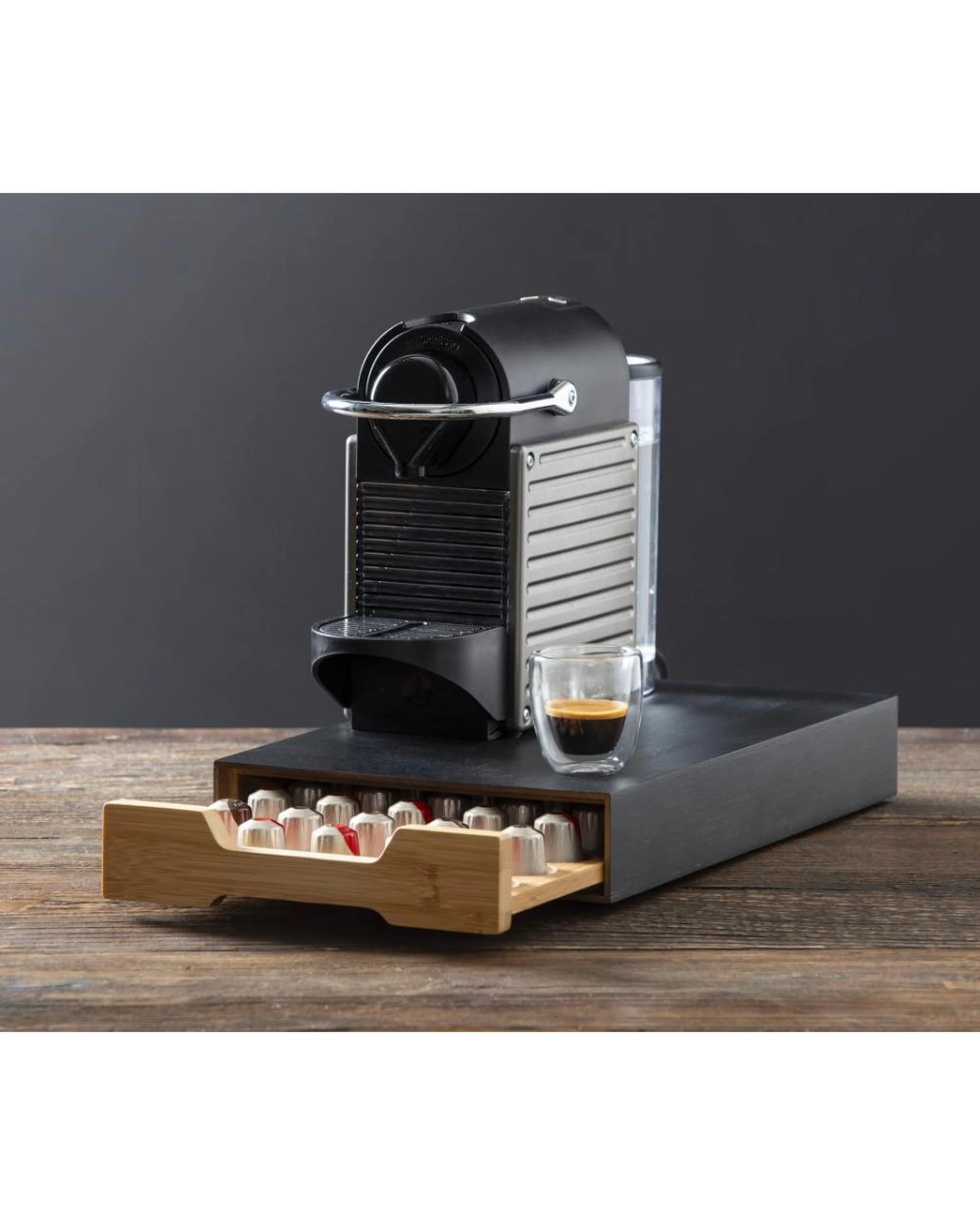 3 Leaf & Bean Bamboo Coffee Machine Board w Capsule Drawer Black  Natural, 3 of 4