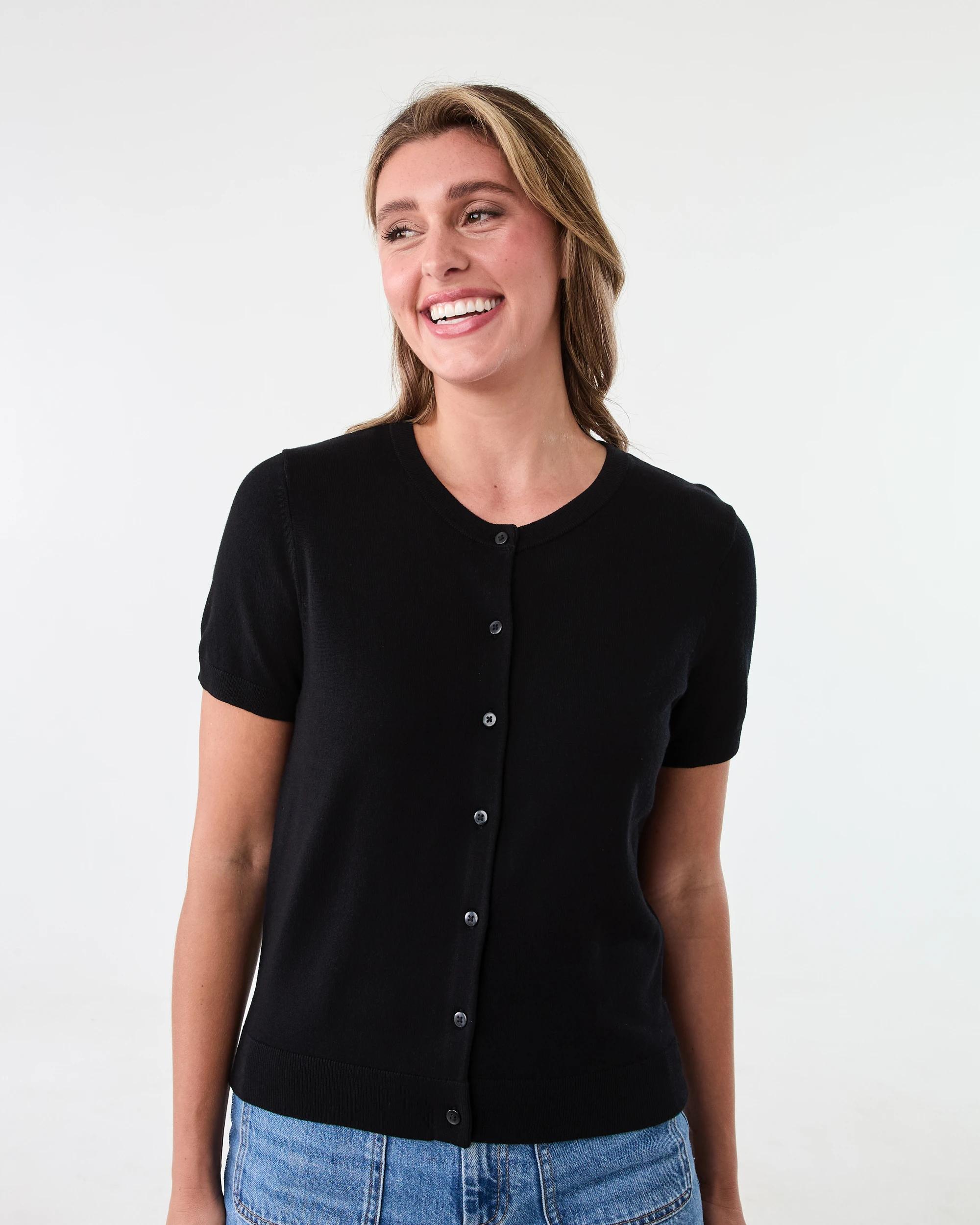 1 Short Sleeve Button Through Top Black, 1 of 6