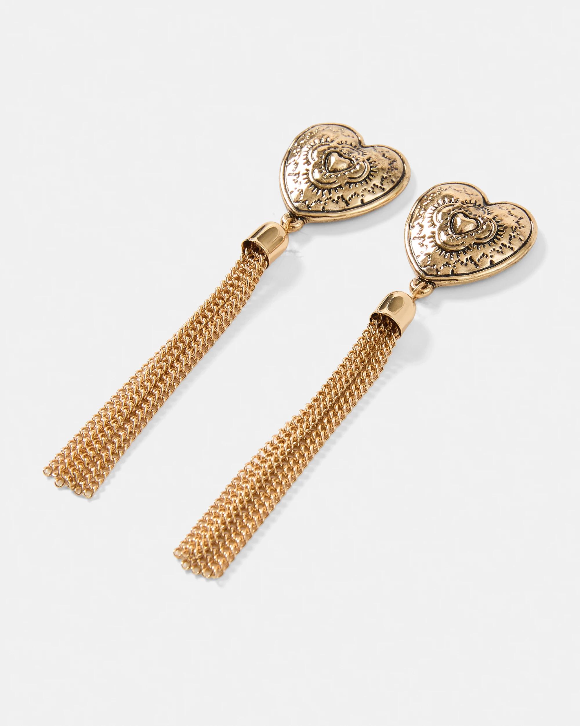 2 Tassel Heart Stud Earrings - Gold Tone Gold, 2 of 4