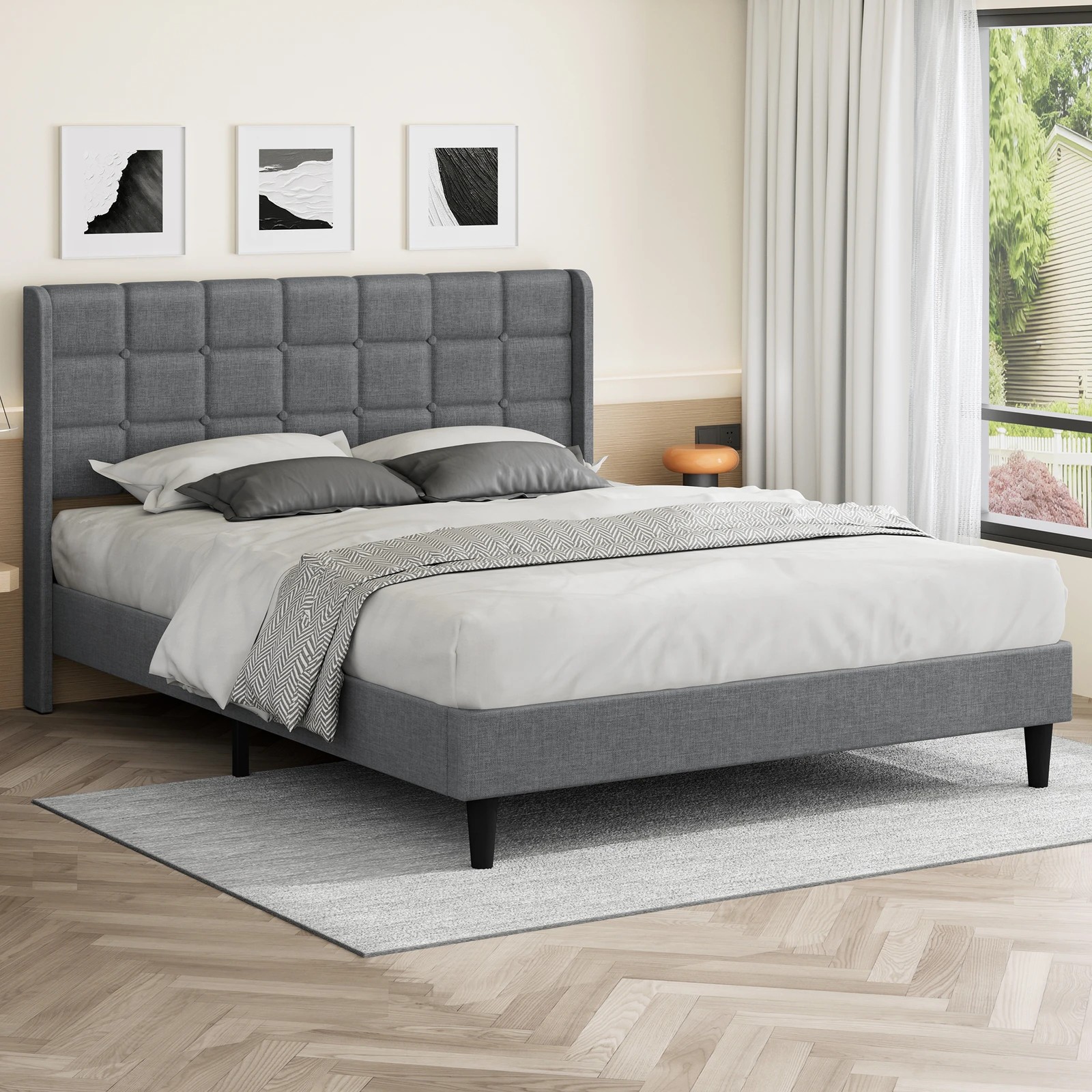 2 Alfordson Bed Frame Double Size Upholstered Wingback Base Fabric Sarah - Grey, 2 of 9
