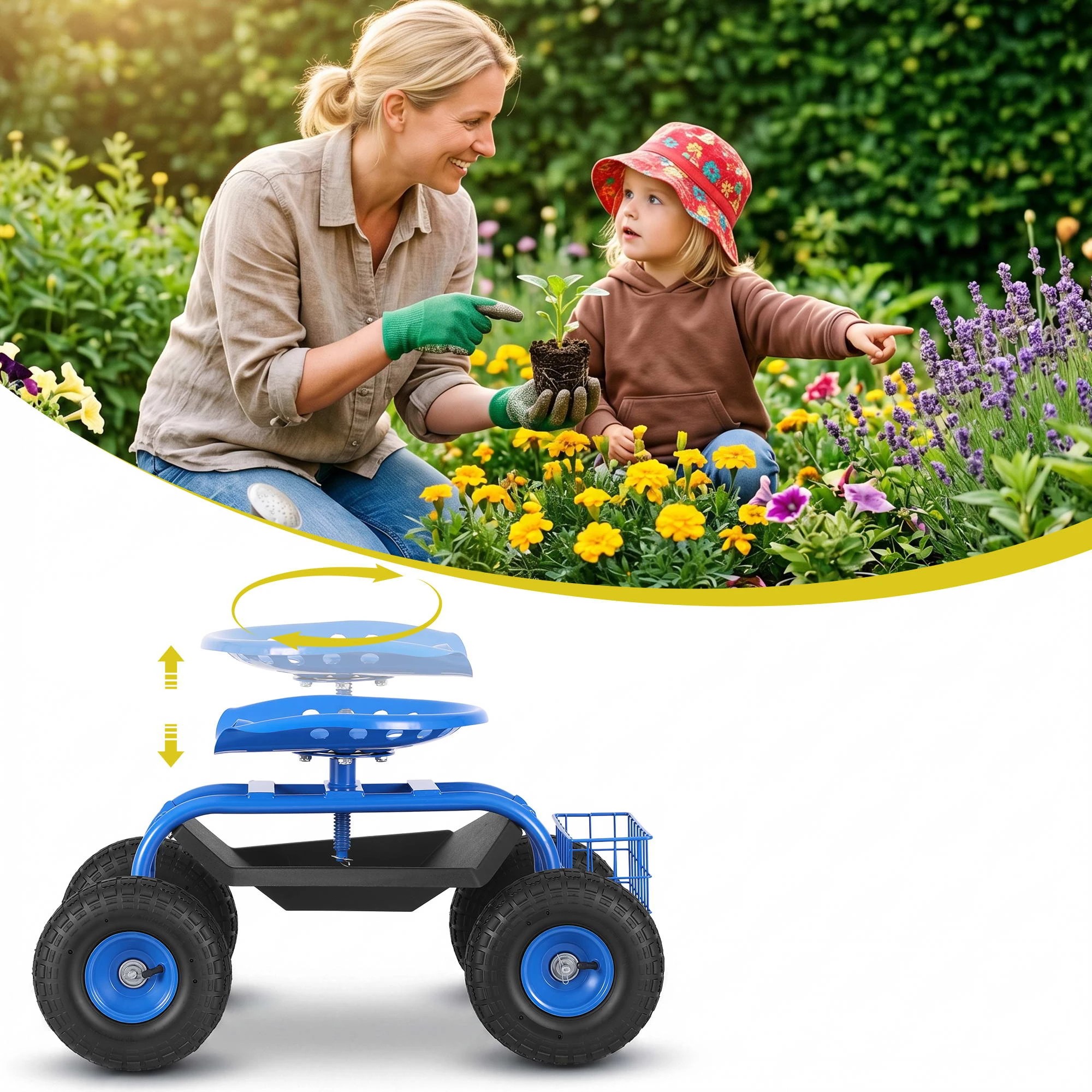 5 Gardeon Garden Seat with Wheels 360 Swivel Adjustable Height Rolling Stool 150kg - Blue, 5 of 9