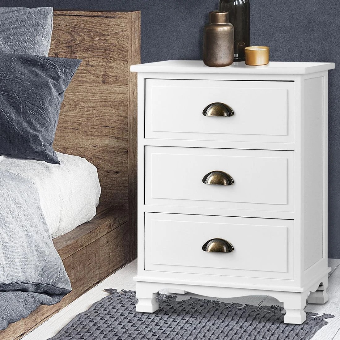 3 Artiss Bedside Table 3 Drawers Vintage - THYME - White, 3 of 5