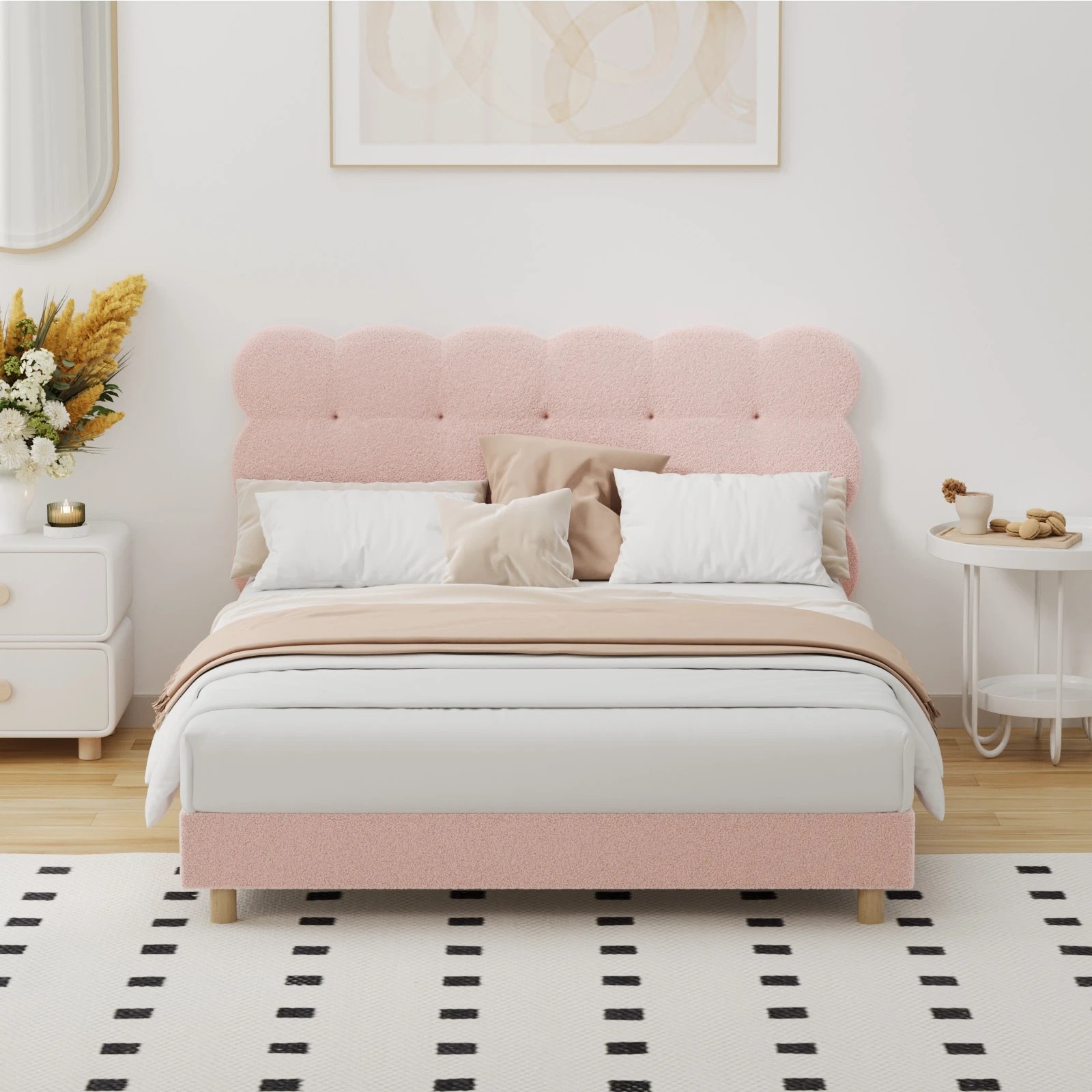 3 Oikiture Double Bed Tufted Bedhead Boucle Bed Frame
 - Pink, 3 of 10
