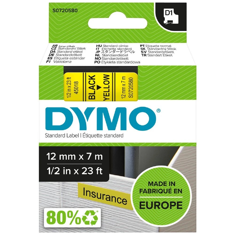 1 DYMO D1 Label Tape 12mm x 7m Black on Yellow, 1 of 5