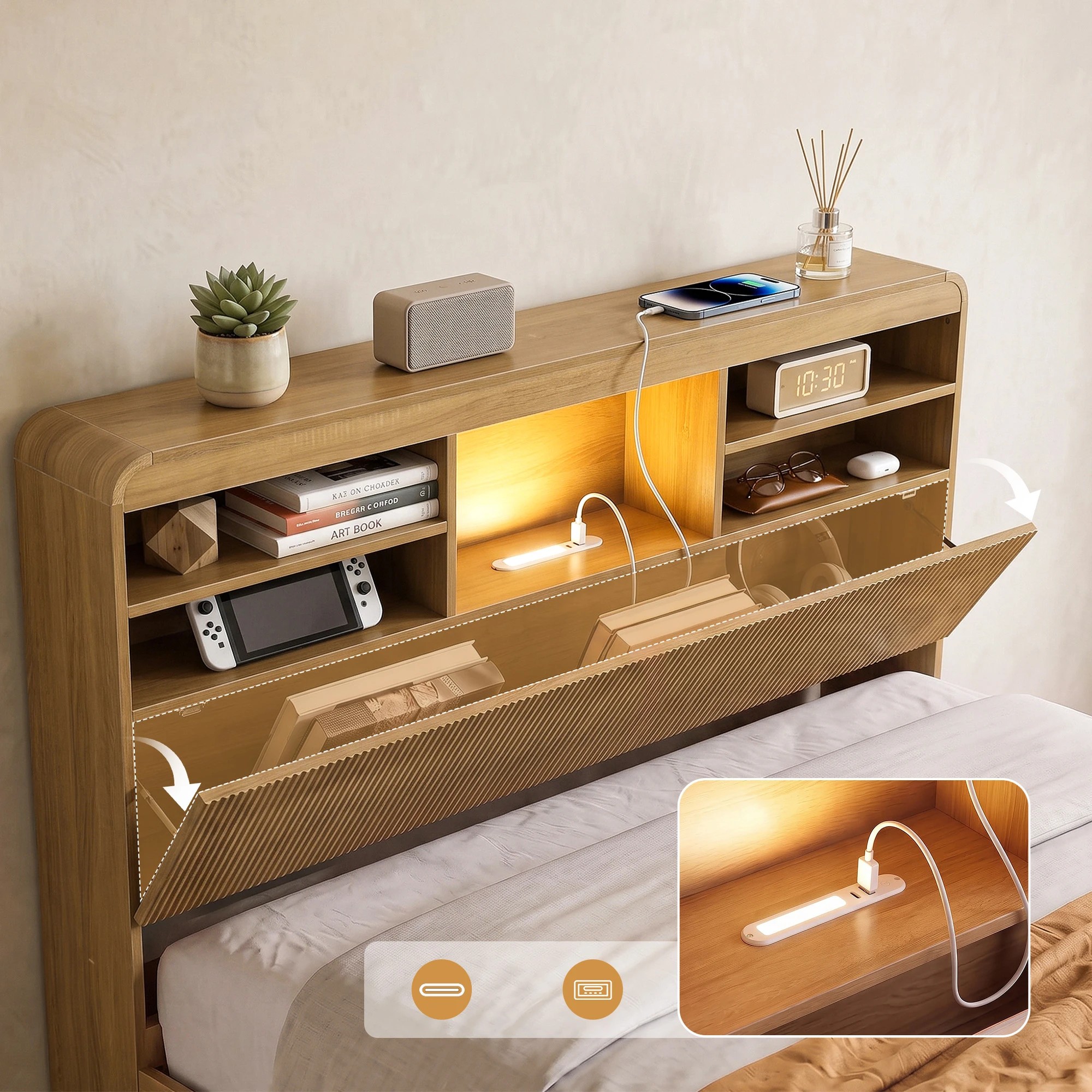 4 Artiss Bed Frame with Storage, 4 Drawers, USB and Night Light - Double Bed - Natural, 4 of 8