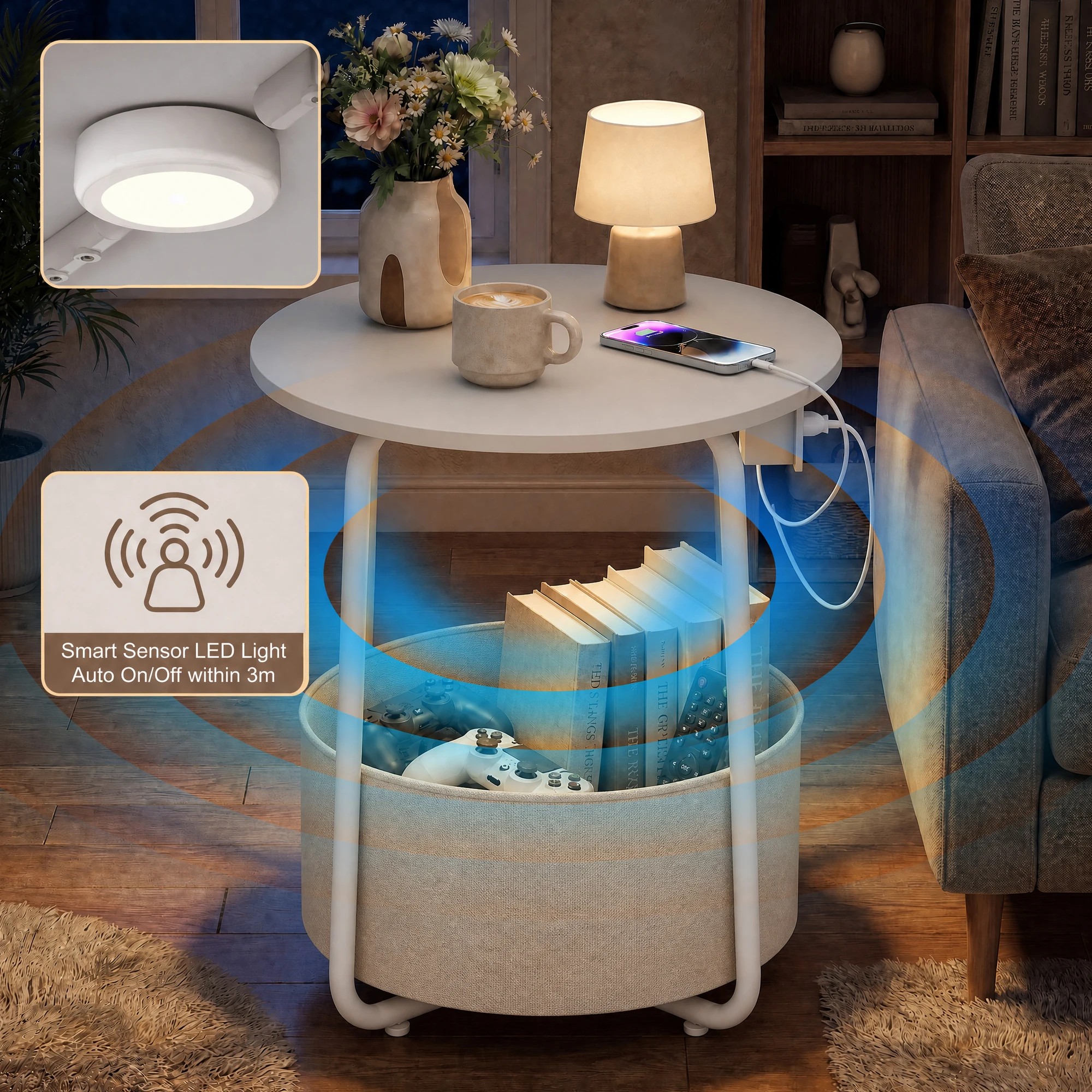 5 Advwin Small Round Side Table with Charging Station Nightstand with Fabric Basket - White, 5 of 8