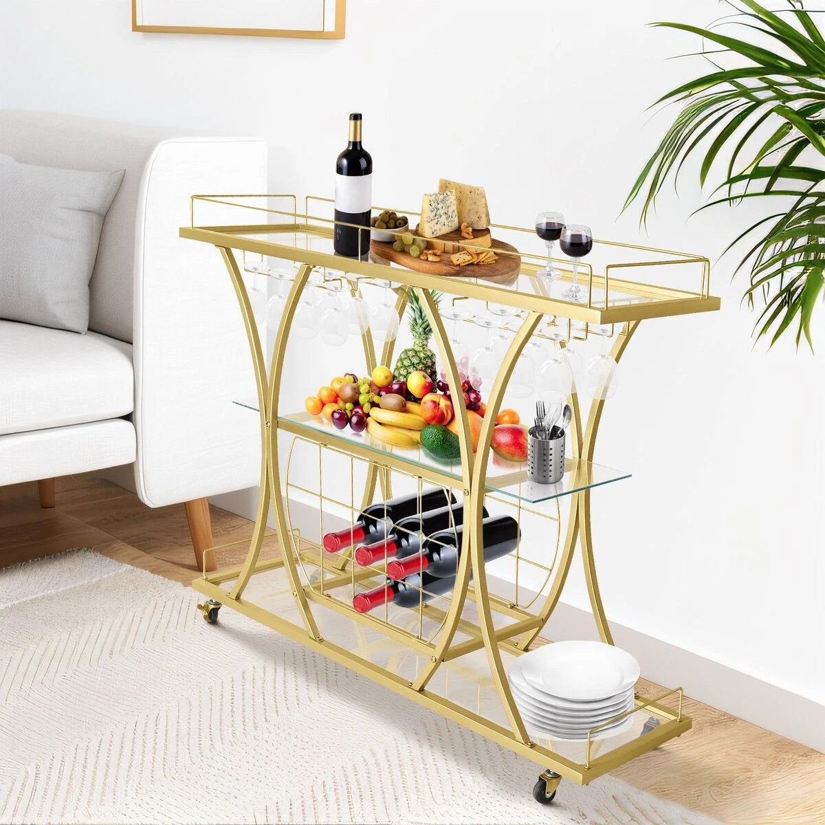 4 Ausway Bar Cart Wine Rack Drinks Trolley Glass Holder - Gold, 4 of 7