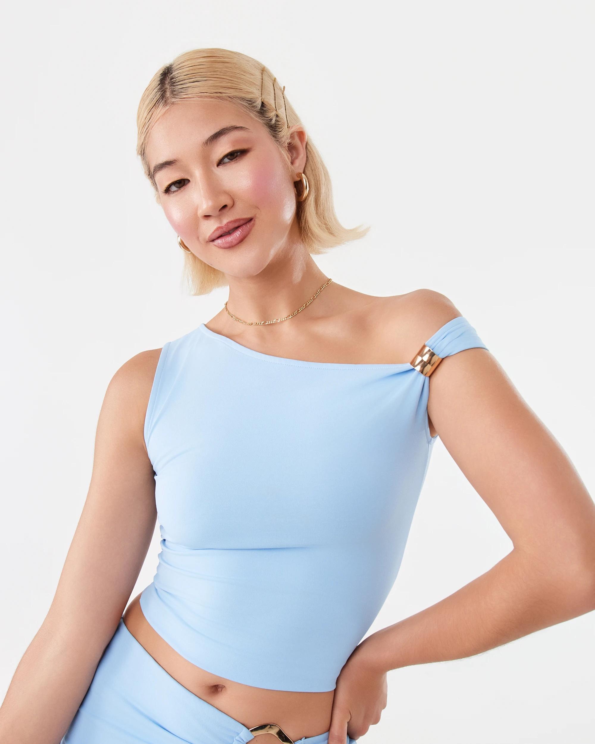 1 Trim Detail Off the Shoulder Top Chmbr Blue, 1 of 10