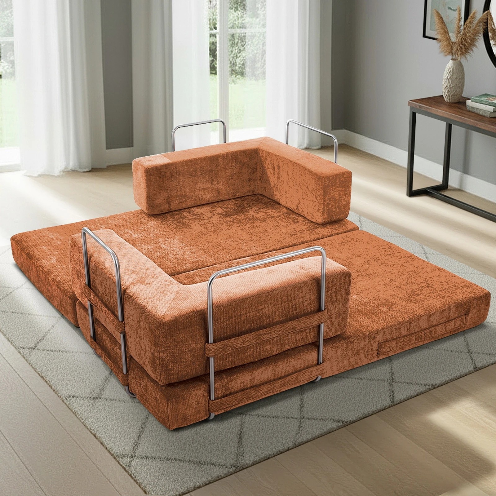7 Oikiture 3 Seater Modular Convertible Sofa Bed Chenille Floor Couch - Brown, 7 of 9