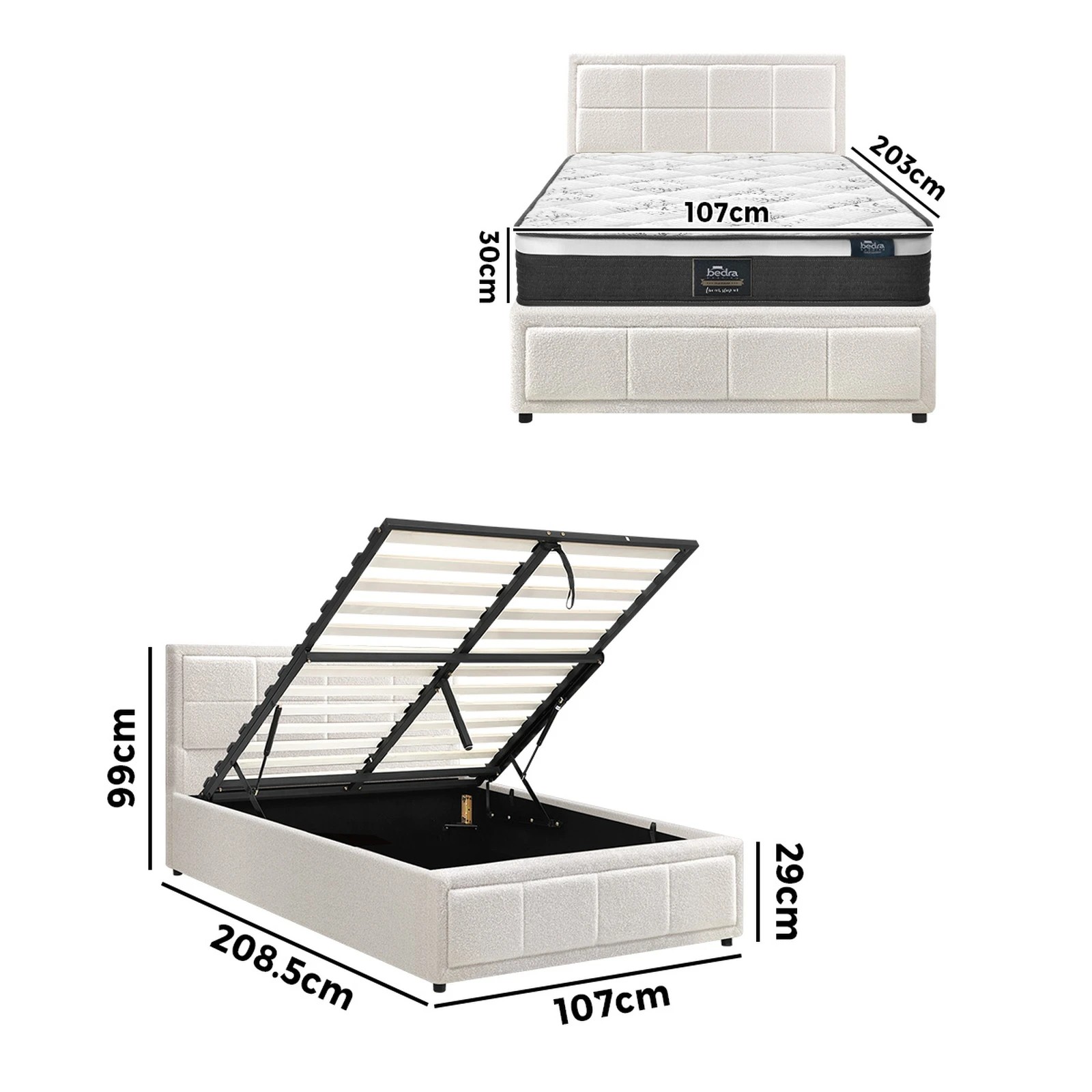 2 Oikiture Bed Frame King Single Size Gas Lift Storage With Mattress Set BOSS - White, 2 of 8