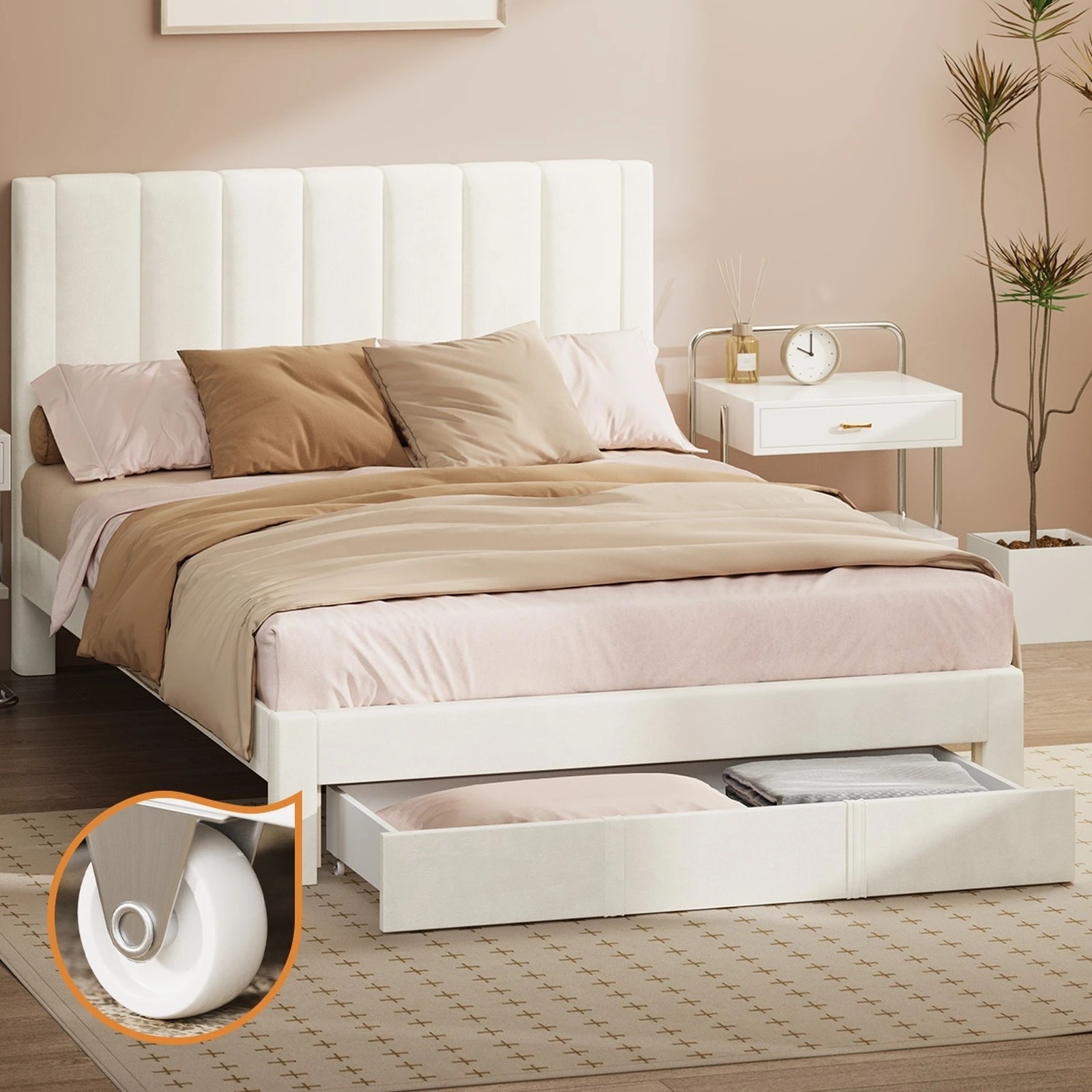 3 Oikiture Bed Frame Double Size Headboard Platform Base with Drawer - Beige, 3 of 8
