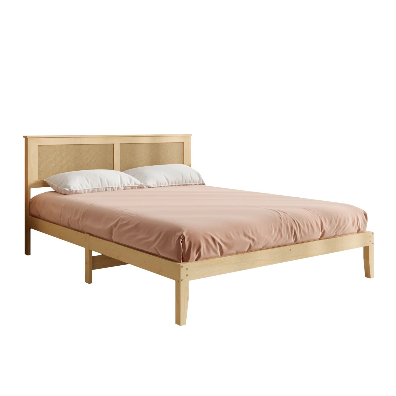 3 Oikiture Wooden Bed Frame Rattan Headboard Double - Double Bed - Natural, 3 of 10