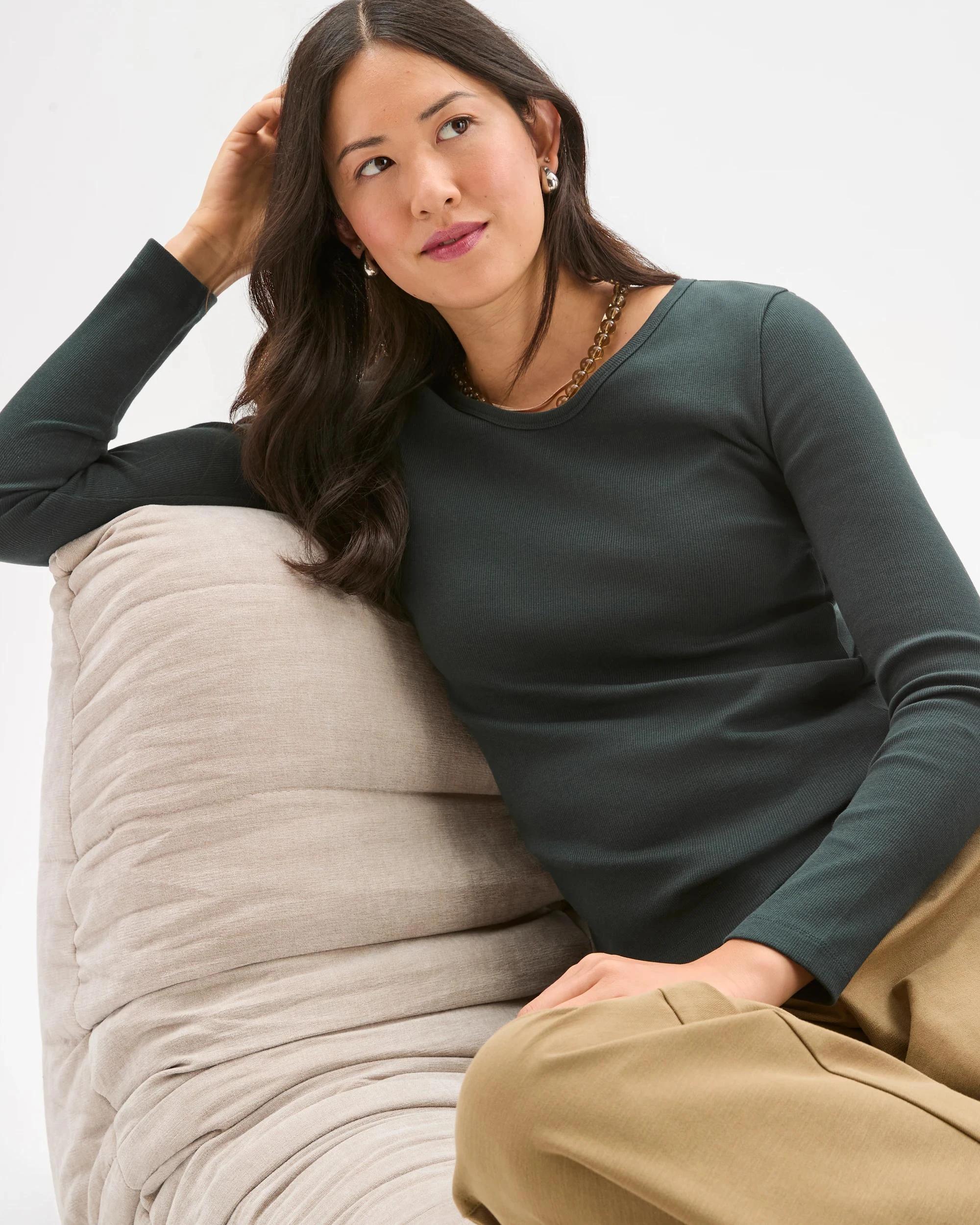1 Target Woman Australian Cotton Long Sleeve Scoop Neck Rib T-Shirt MIDNIGHT JADE, 1 of 7