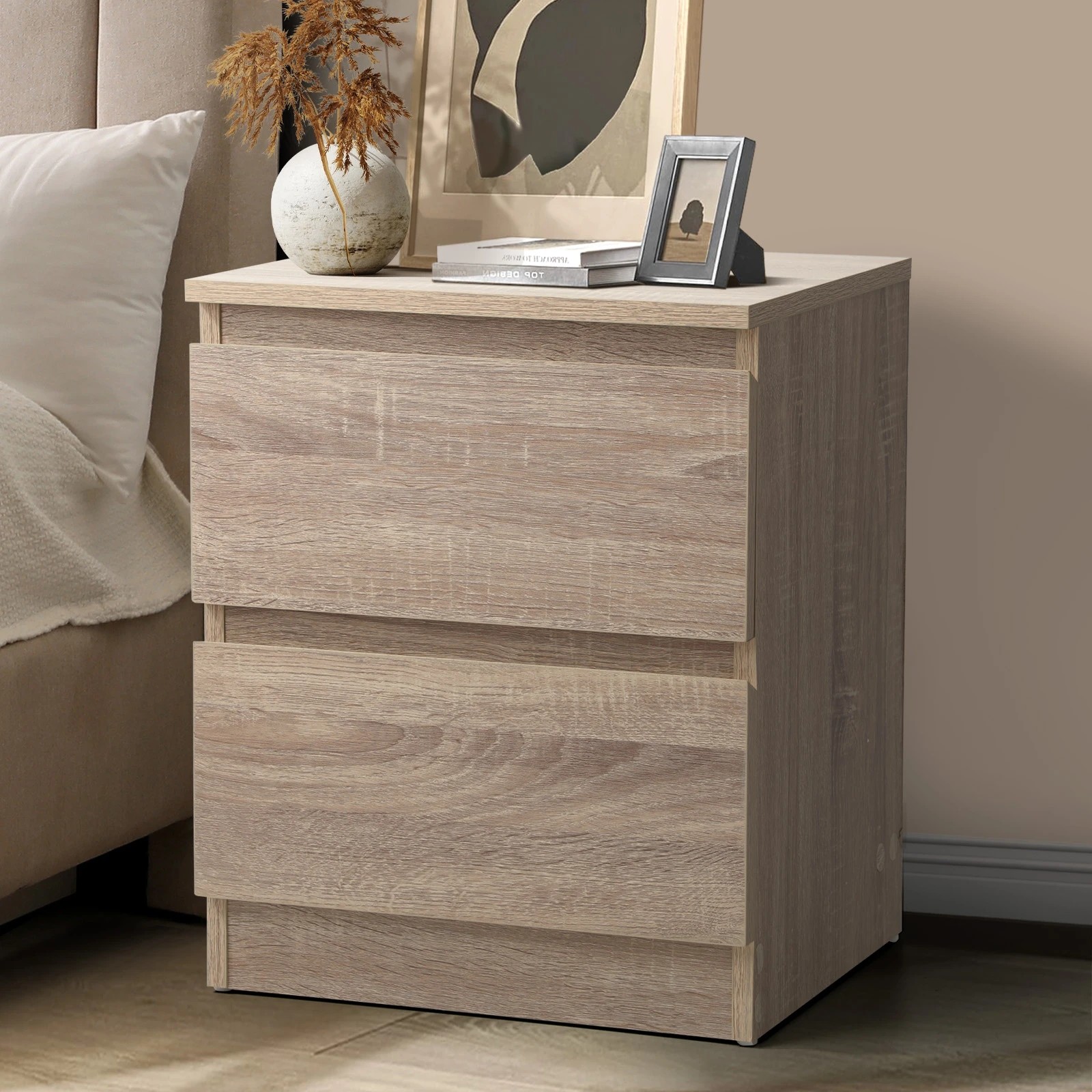 2 Oikiture Bedside Table Nightstand 2 Drawers Side End Table Storage Cabinet
 - Natural, 2 of 10