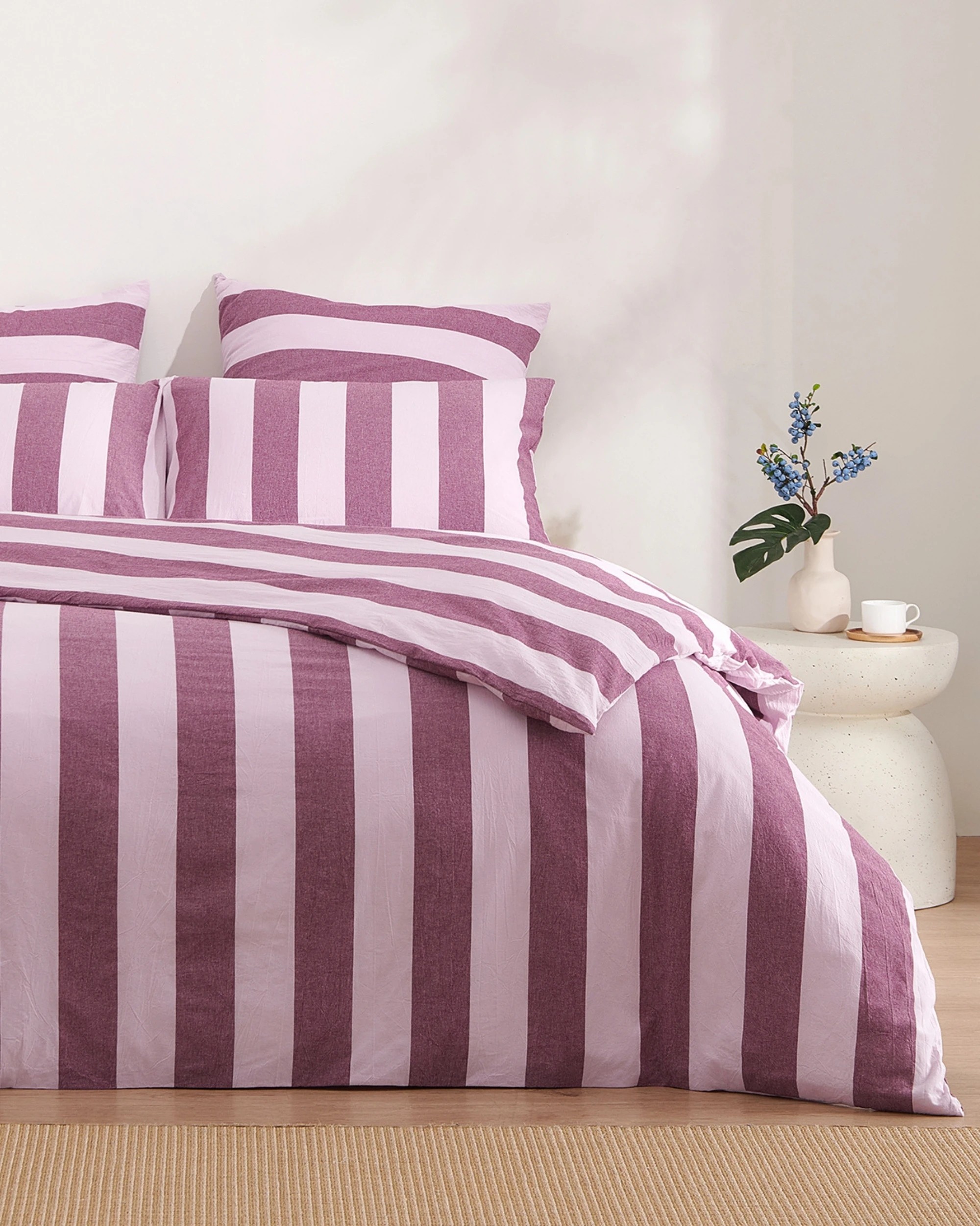 1 Dreamaker Bowie Washed Cotton Yarn Dyed Stripe Quilt Cover Set - Queen Bed - Mauve/Cherry, 1 of 6