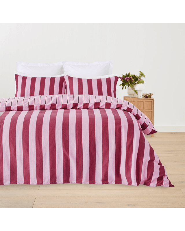 Stripe Cotton Linen Reversible Quilt Cover Set - Queen Bed, B