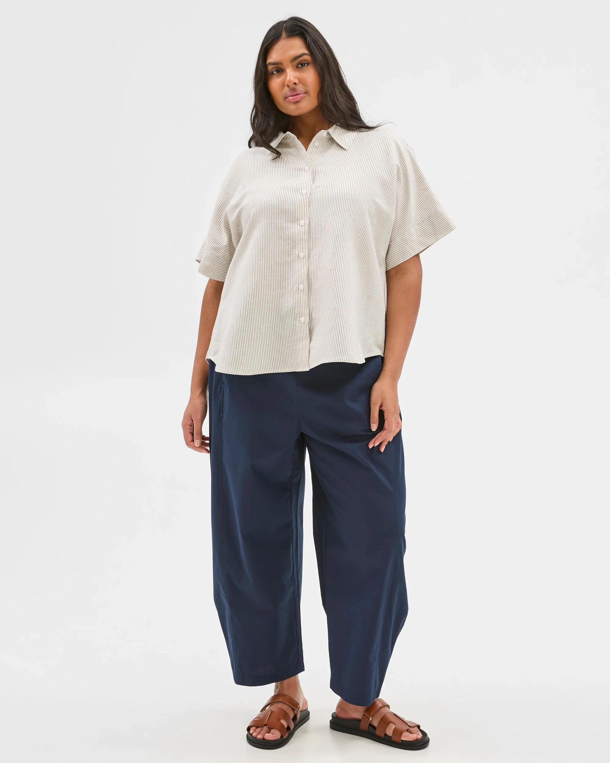 2 Target Plus Size European Linen Blend Boxy Shirt BRUNETTE/WHITE STRIPE, 2 of 6