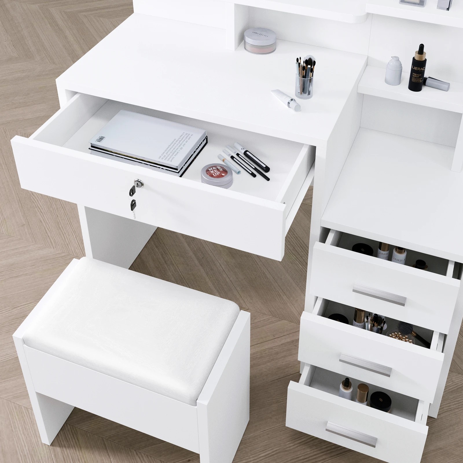 3 Alfordson Dressing Table Stool Set LED Makeup Mirror Vanity Desk Drawers - White, 3 of 10