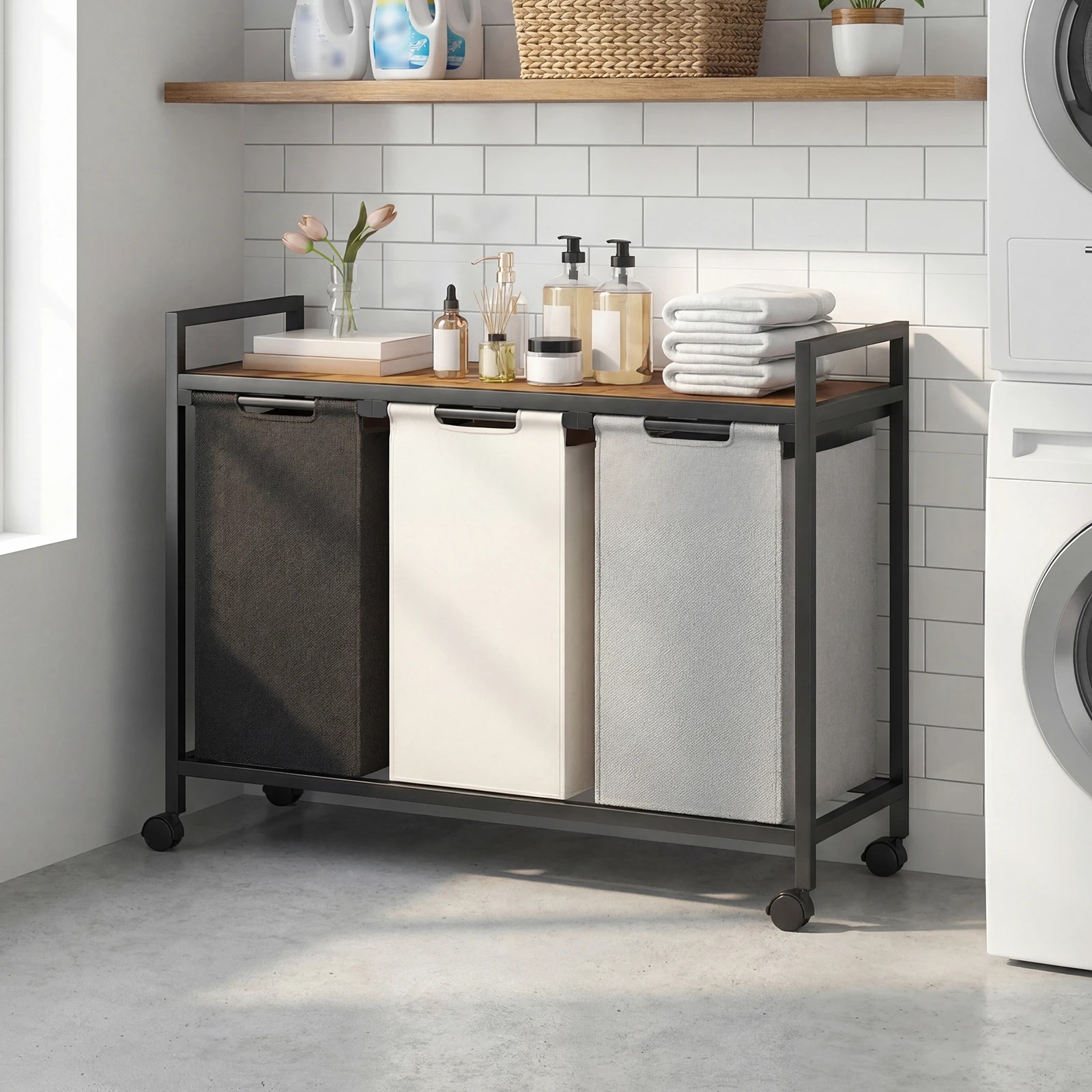 2 Advwin 3 x 40L Laundry Sorting Hamper with Wheels Storage Shelf - Brown, 2 of 8