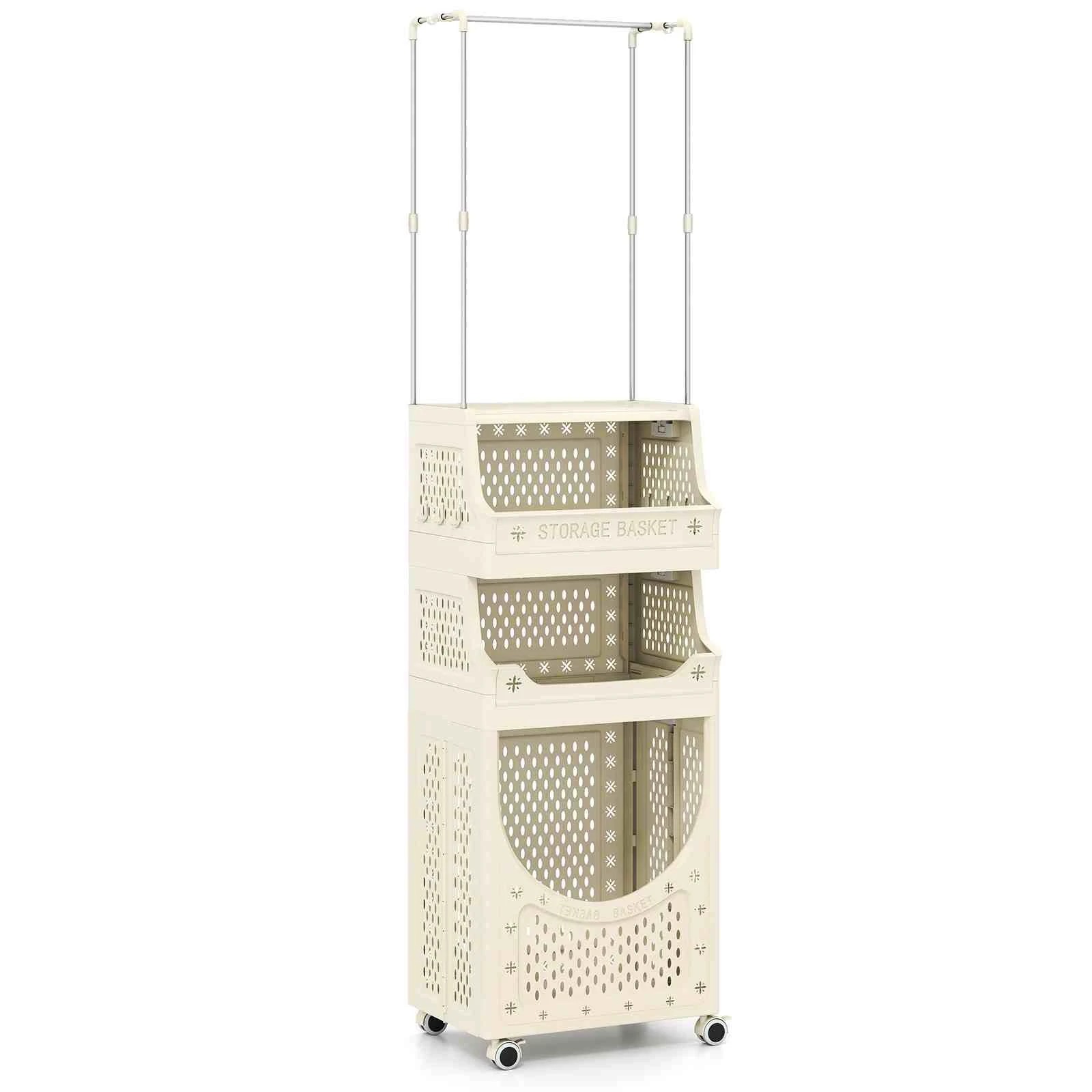 1 Costway 4-Tier Laundry Cart Folding Hamper Rolling Utility Cart w/8 Hooks, 1 of 5