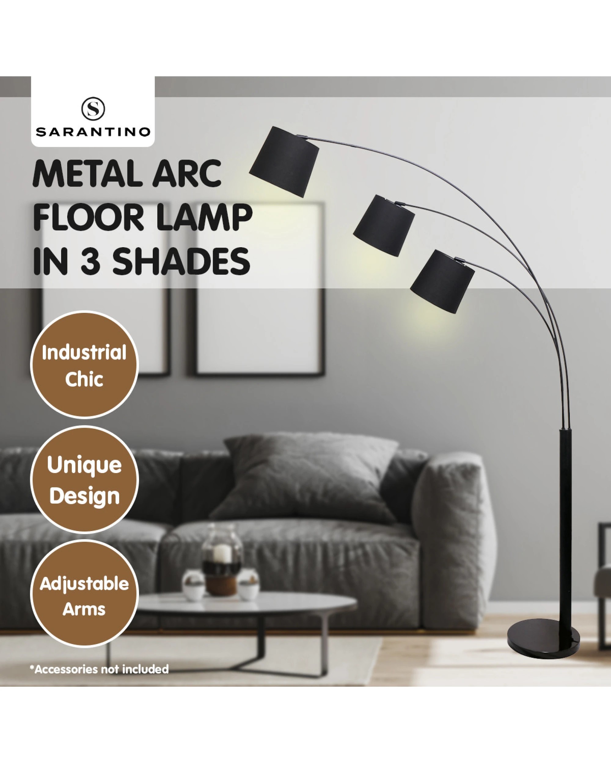 2 Sarantino 3-Light Arc Floor Lamp Adjustable Black 3 Shades, 2 of 6