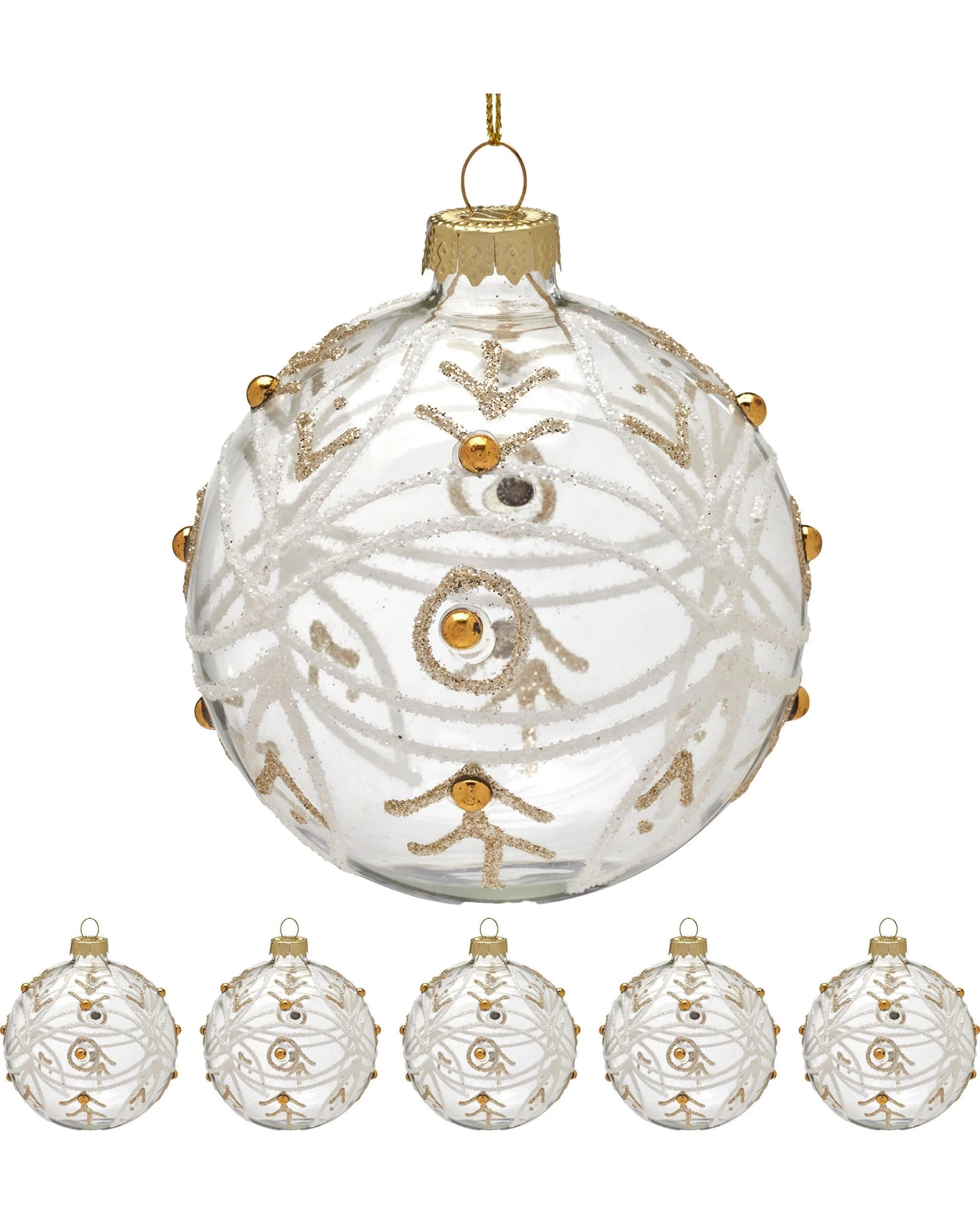 2 Christabelle Set of 6 Clear Glass Baubles, 8 cm, Gold Pearls and Glitter Swirls - Clear, 2 of 2