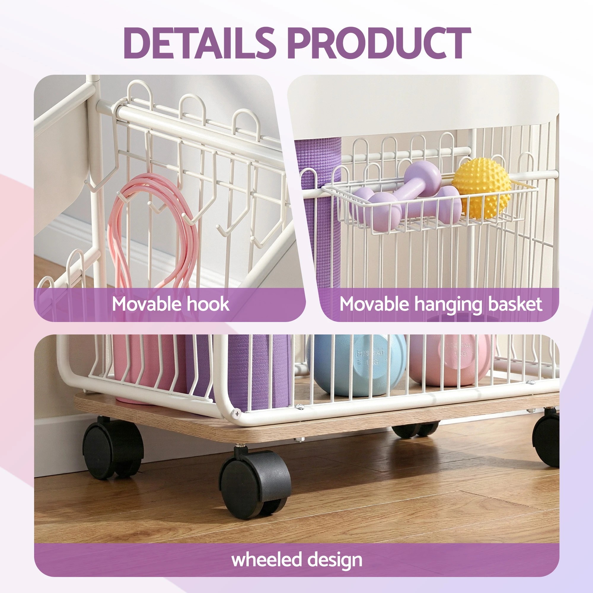 4 Everfit Yoga Mat Storage Rack Mobile Holder with Wheels Basket Home Gym Storage - White, 4 of 4