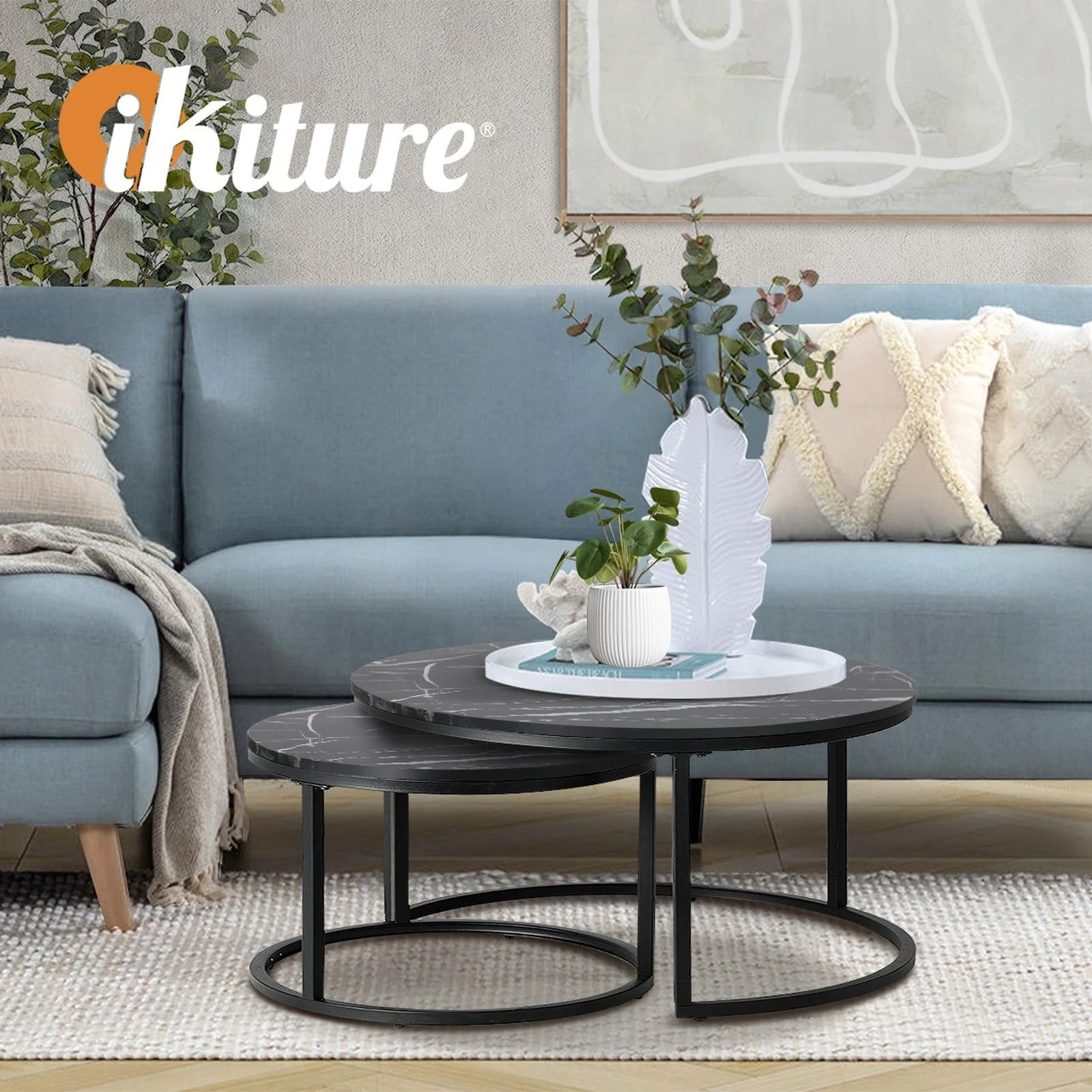 5 Oikiture Set Of 2 Coffee Table Round Nesting Side End Table
 - Black, 5 of 10