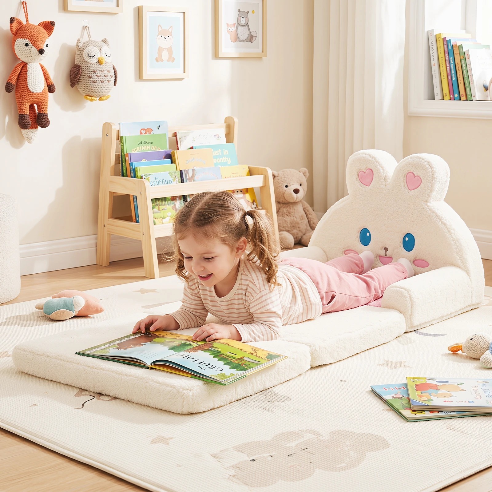 3 Costway Kids Sofa 2-in-1 Convertible Couch Lounger Foldable Chair w/Cover Bunny Pattern - Pink, 3 of 5