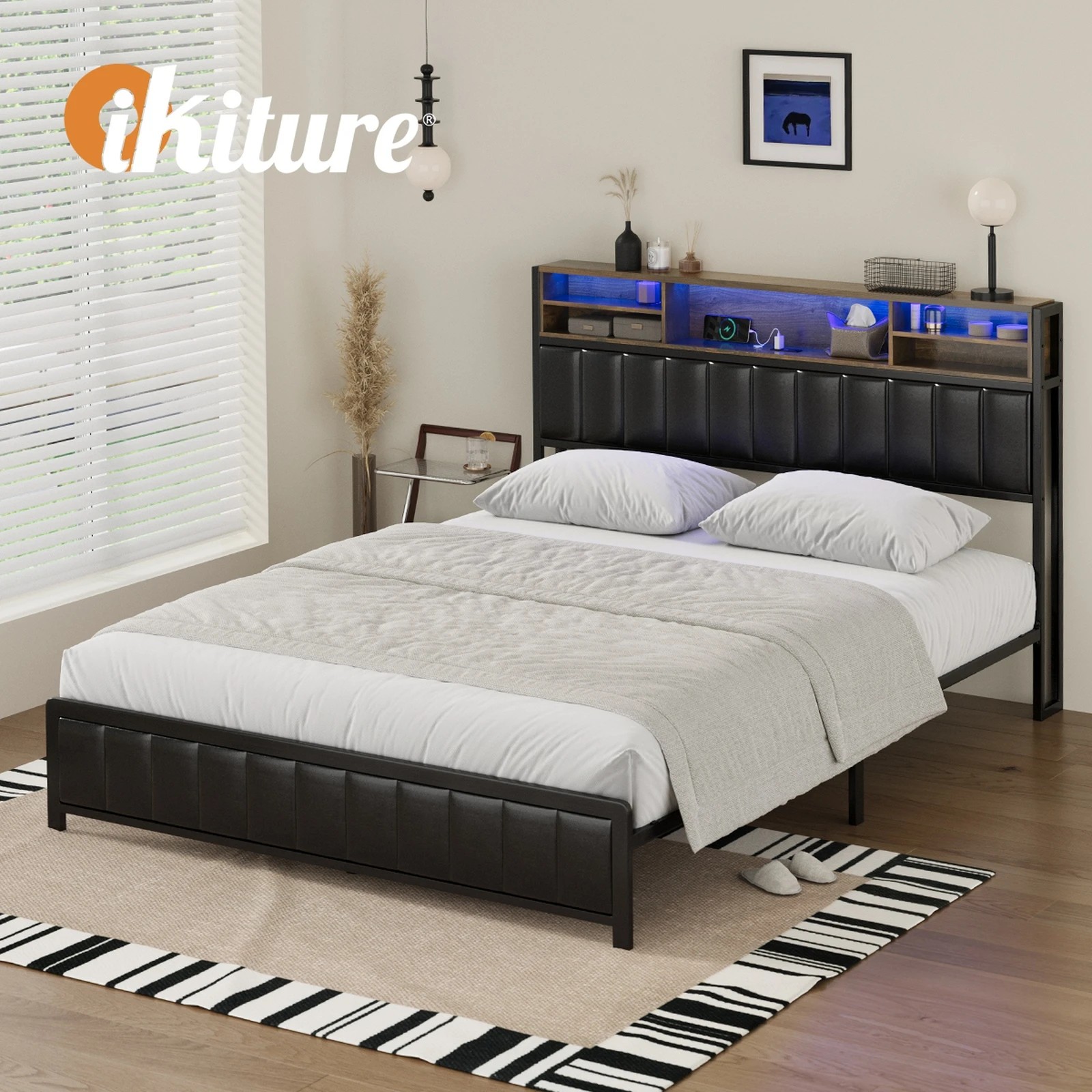 7 Oikiture Bed Frame Queen Size LED Storage Headboard With USB Charge - Black, 7 of 9