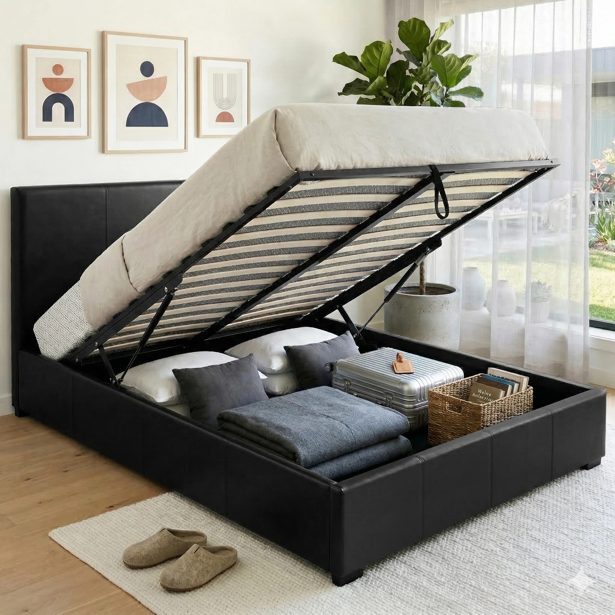 4 Artiss Gas Lift Queen Bed Frame and Bedside Table Set Leather - Black, 4 of 9