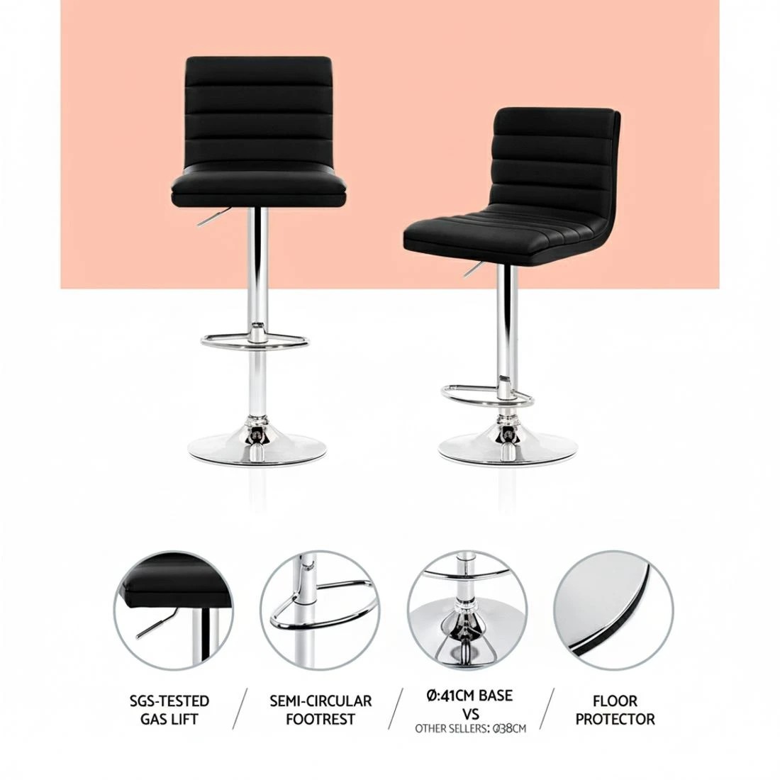 3 Artiss 4x Bar Stools Padded Leather Gas Lift - Black, 3 of 5