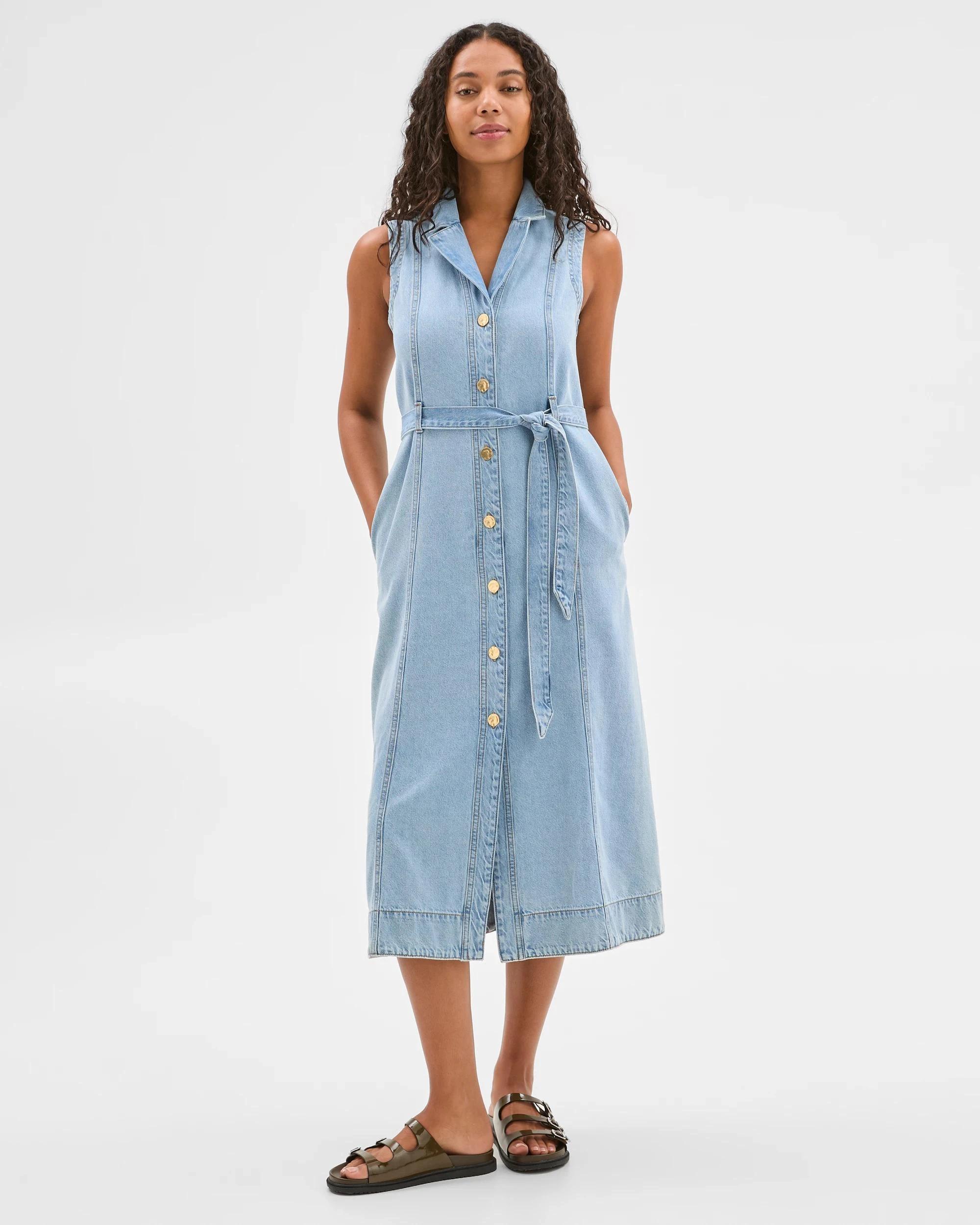4 Target Denim Sleeveless Denim Belted Midi Shirt Dress CLASSIC BLEACH, 4 of 6