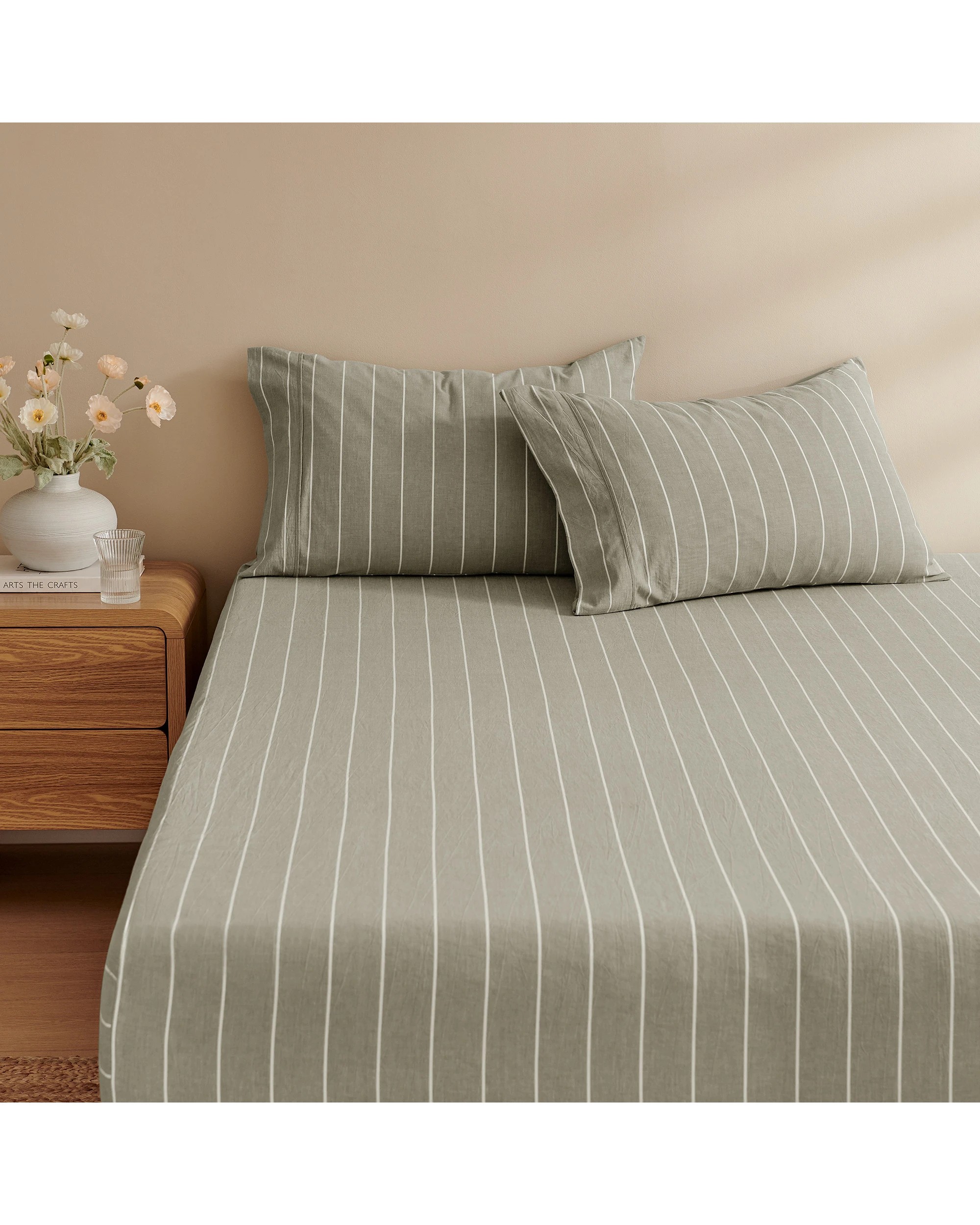 2 Dreamaker Rumi Stripe Washed Cotton Fitted Sheet Set - Single Bed - Olive with White, 2 of 6