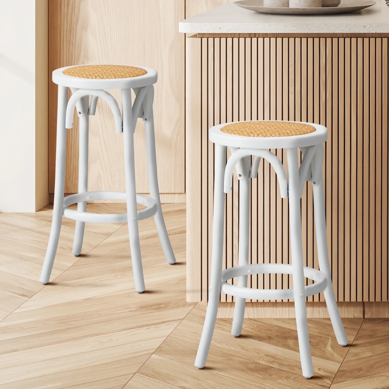 2 Oikiture 2x Bar Stools Kitchen Vintage Dining Chair Rattan Seat
 - White, 2 of 10
