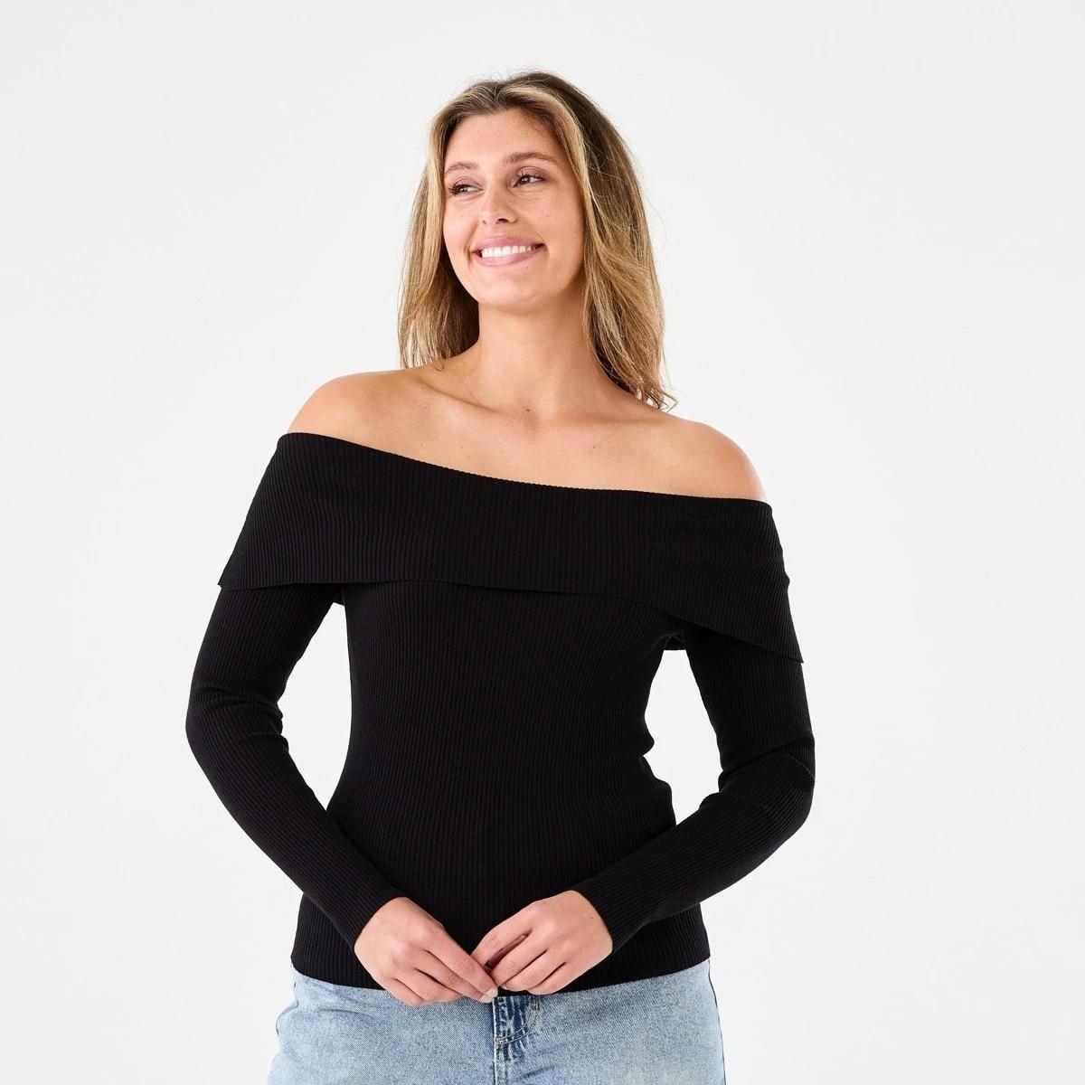 1 Long Sleeve Off Shoulder Top BLACK, 1 of 6