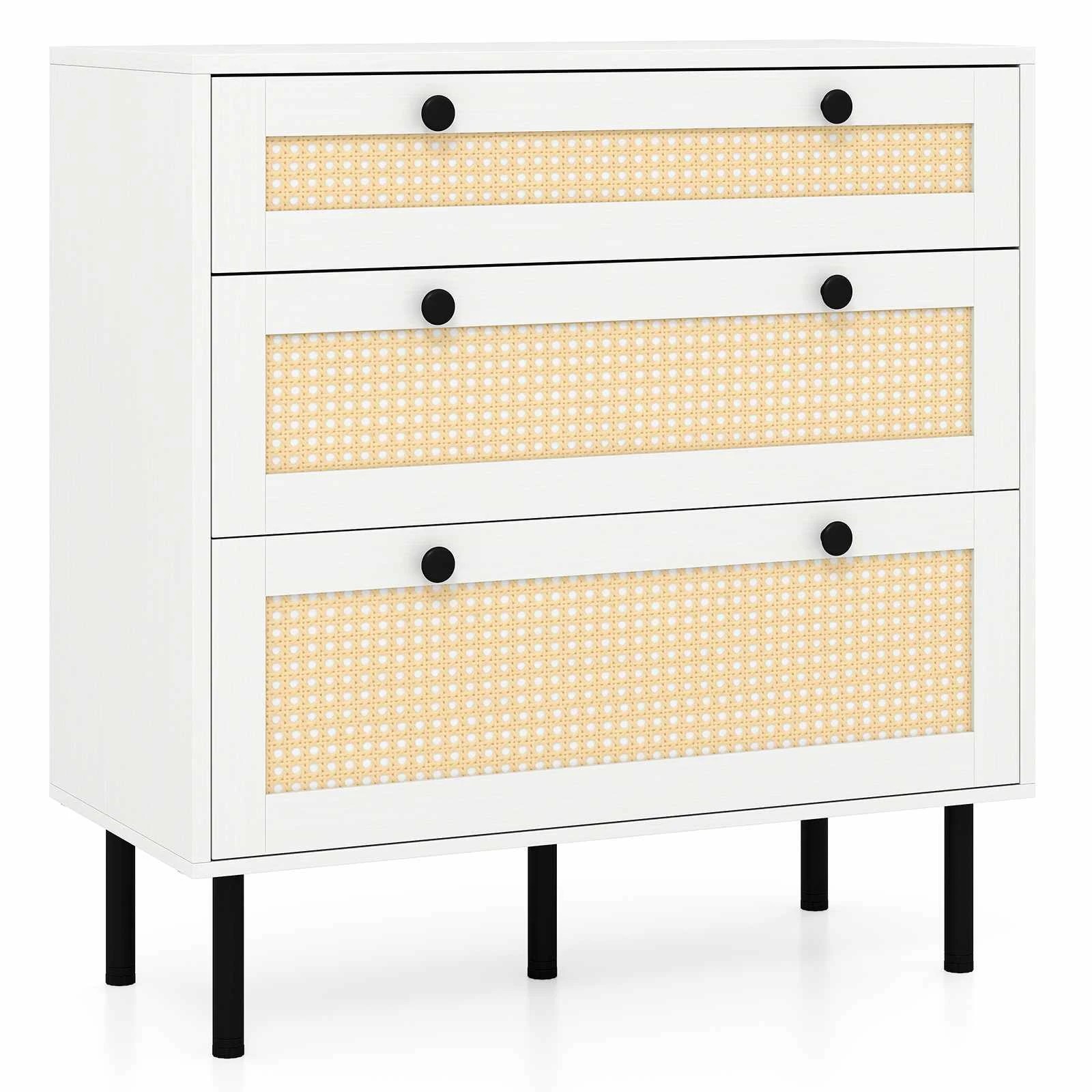 1 Costway 3 Chest of Drawer Wood Sideboard 3-Drawer Rattan Nightstand Home Office Bedside Table, 1 of 4
