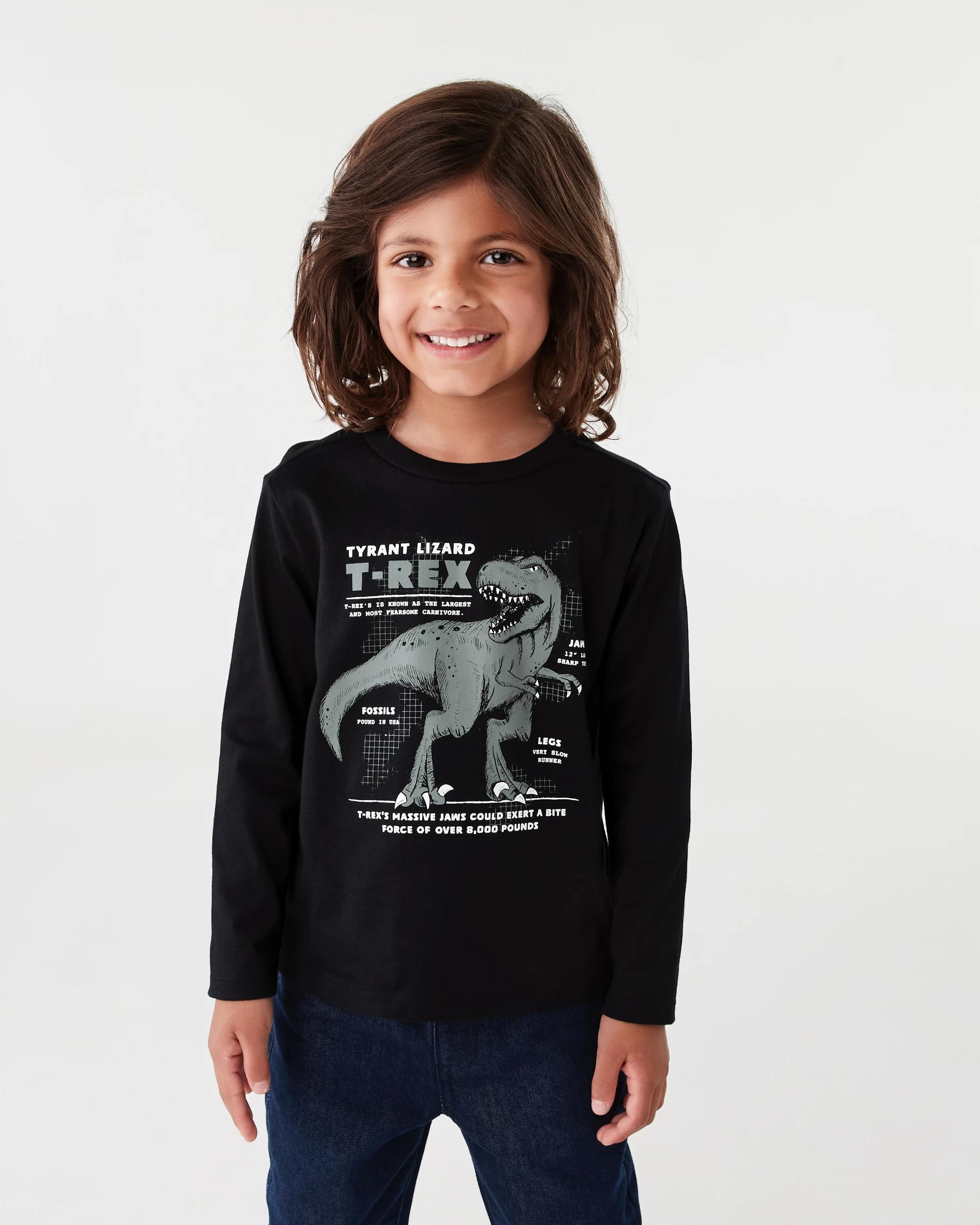 1 Long Sleeve Print T-shirt Blk Dino, 1 of 7