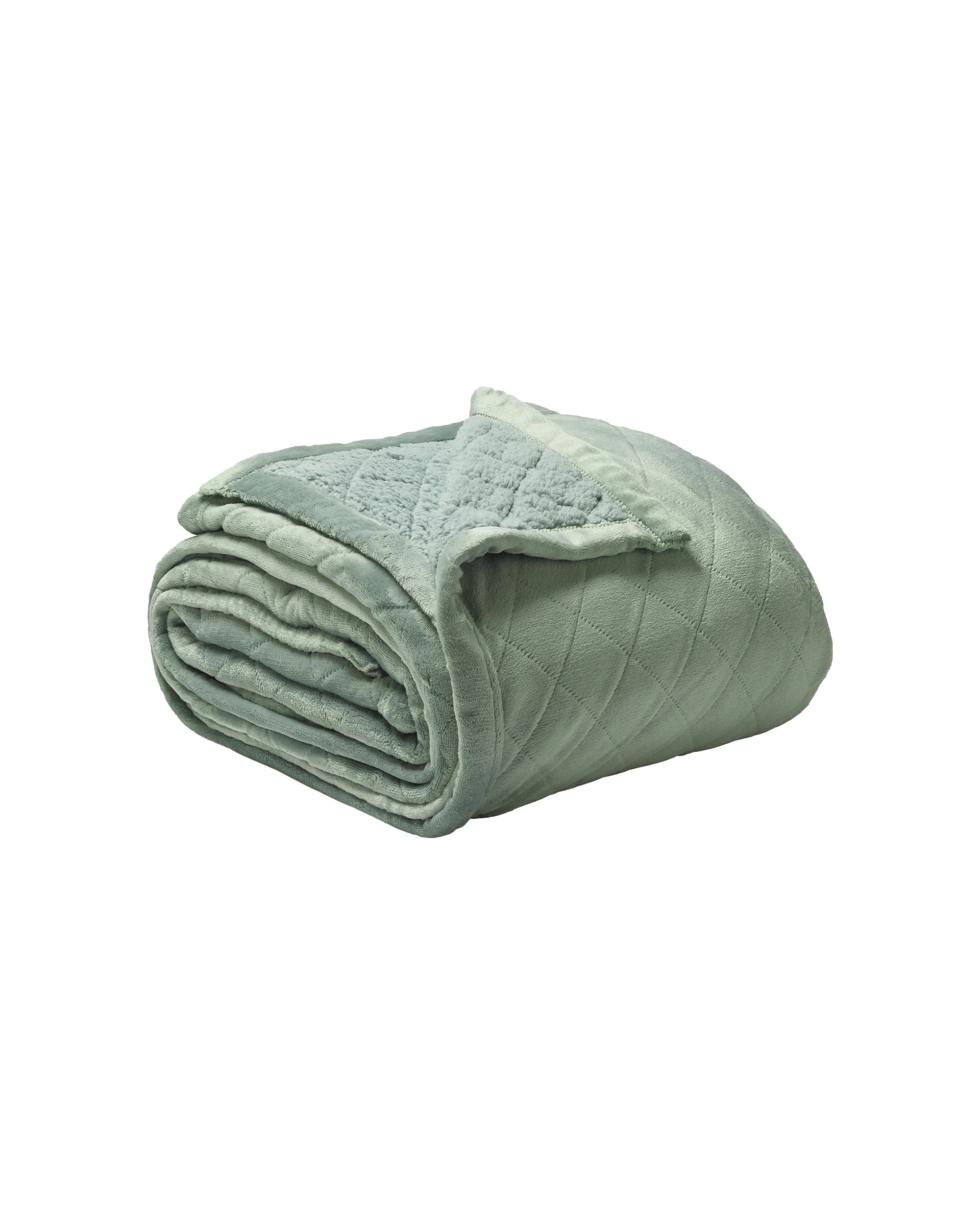 1 Bianca Mansfield Super King Velvet Sherpa Bed Quilt Blanket - Green, 1 of 2