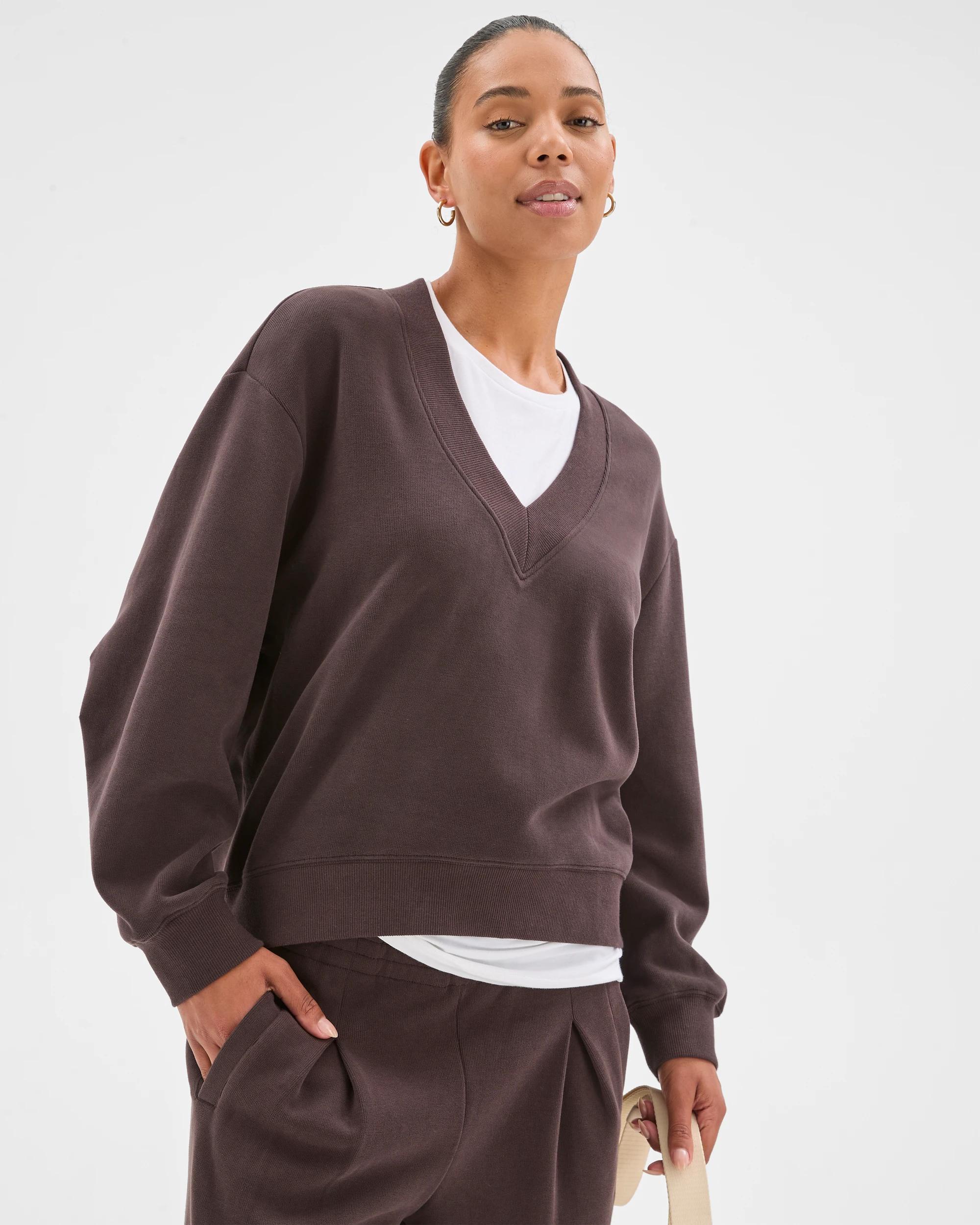 4 Target Active Active Australian Cotton Blend Sueded Rib V-Neck Jumper COCOA, 4 of 6