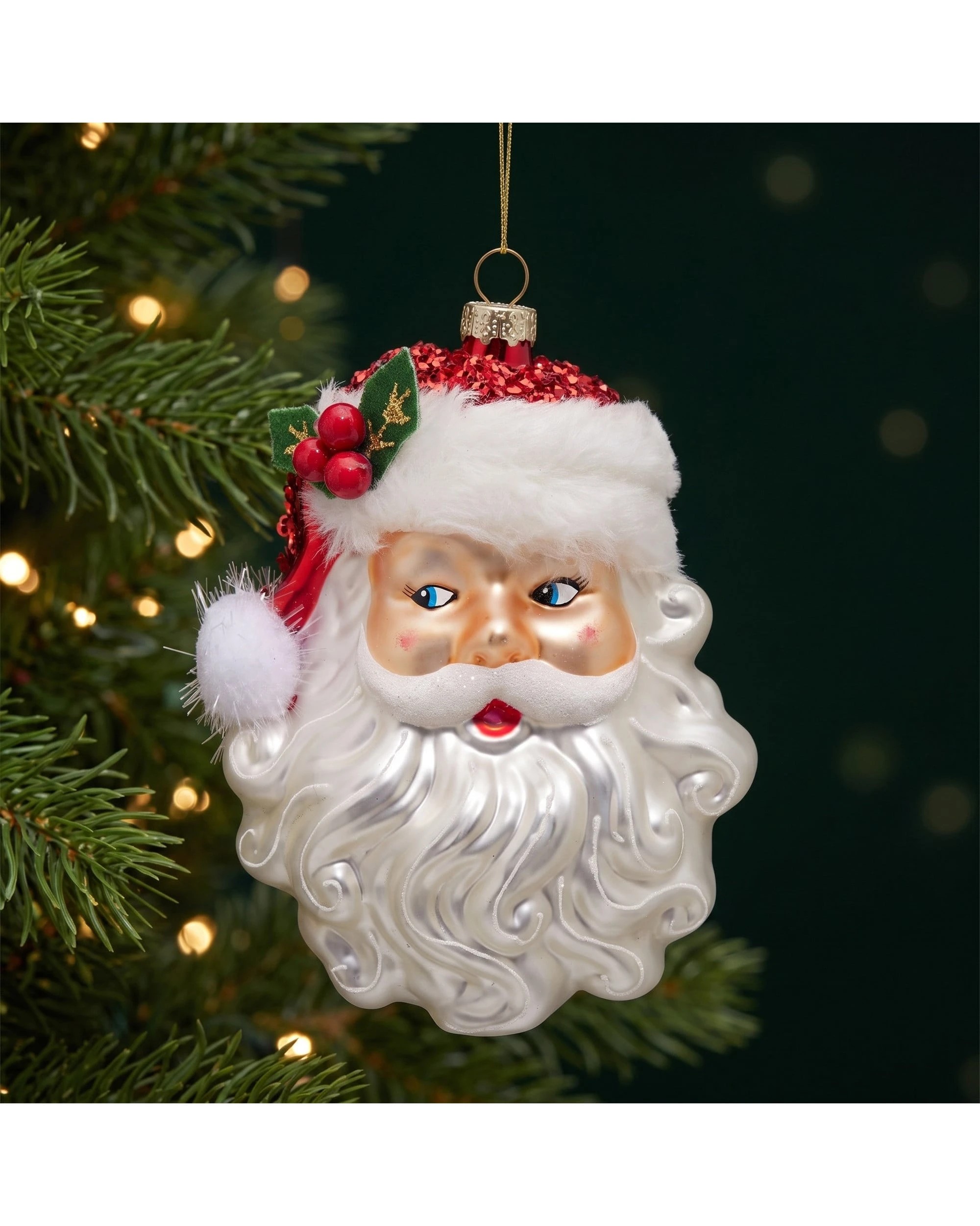 4 Christabelle Set of 6 Glass Santa Head Christmas Baubles, White Fur Trim, 13 cm - White, 4 of 7