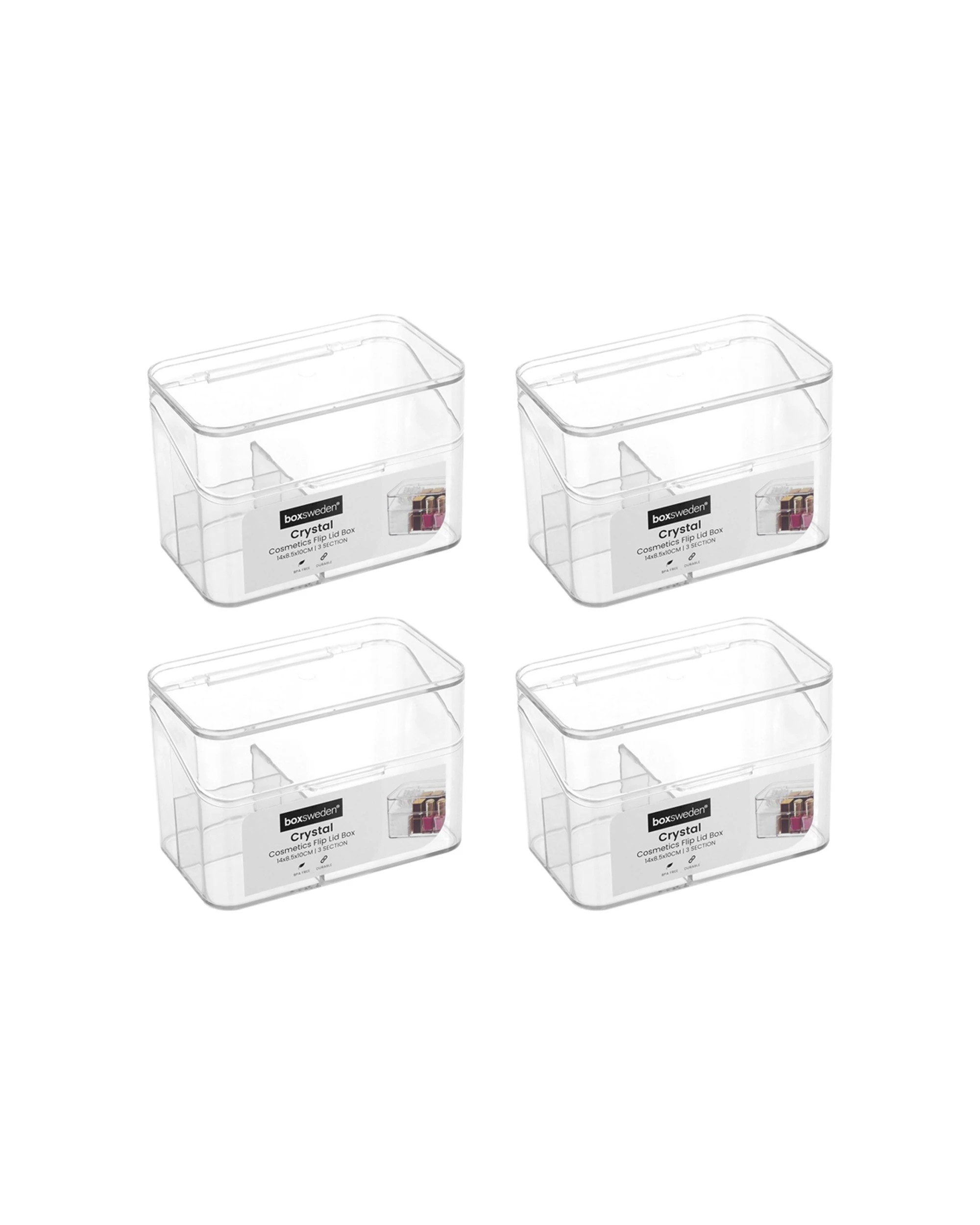 1 Boxsweden 4PK Cosmetics Flip Lid Box 14cm Durable Plastic - 3 Compartments
 - plain, 1 of 7