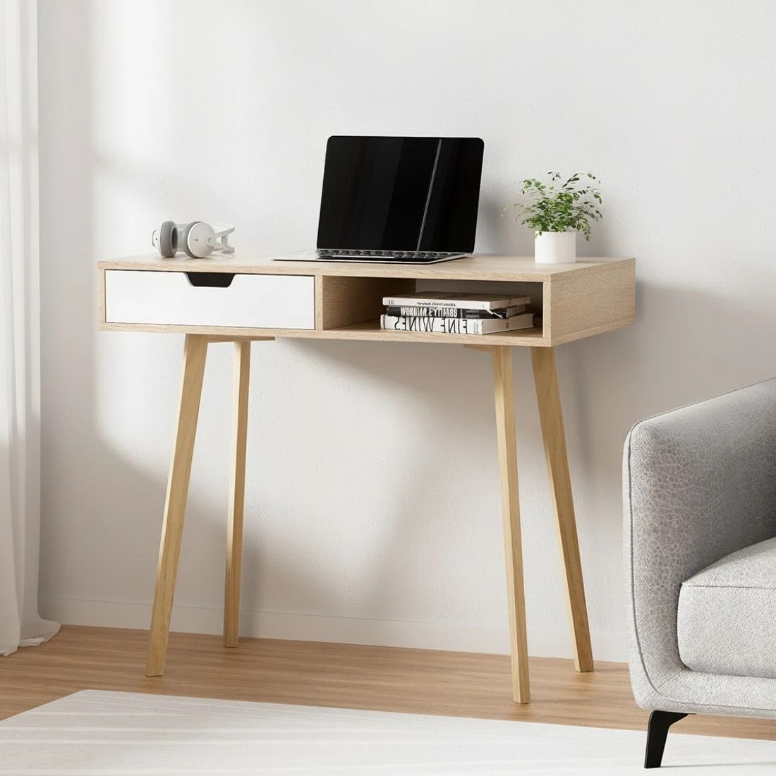 4 Artiss Computer Desk Drawer Cabinet Shelf Oak 90CM - Brown, 4 of 6