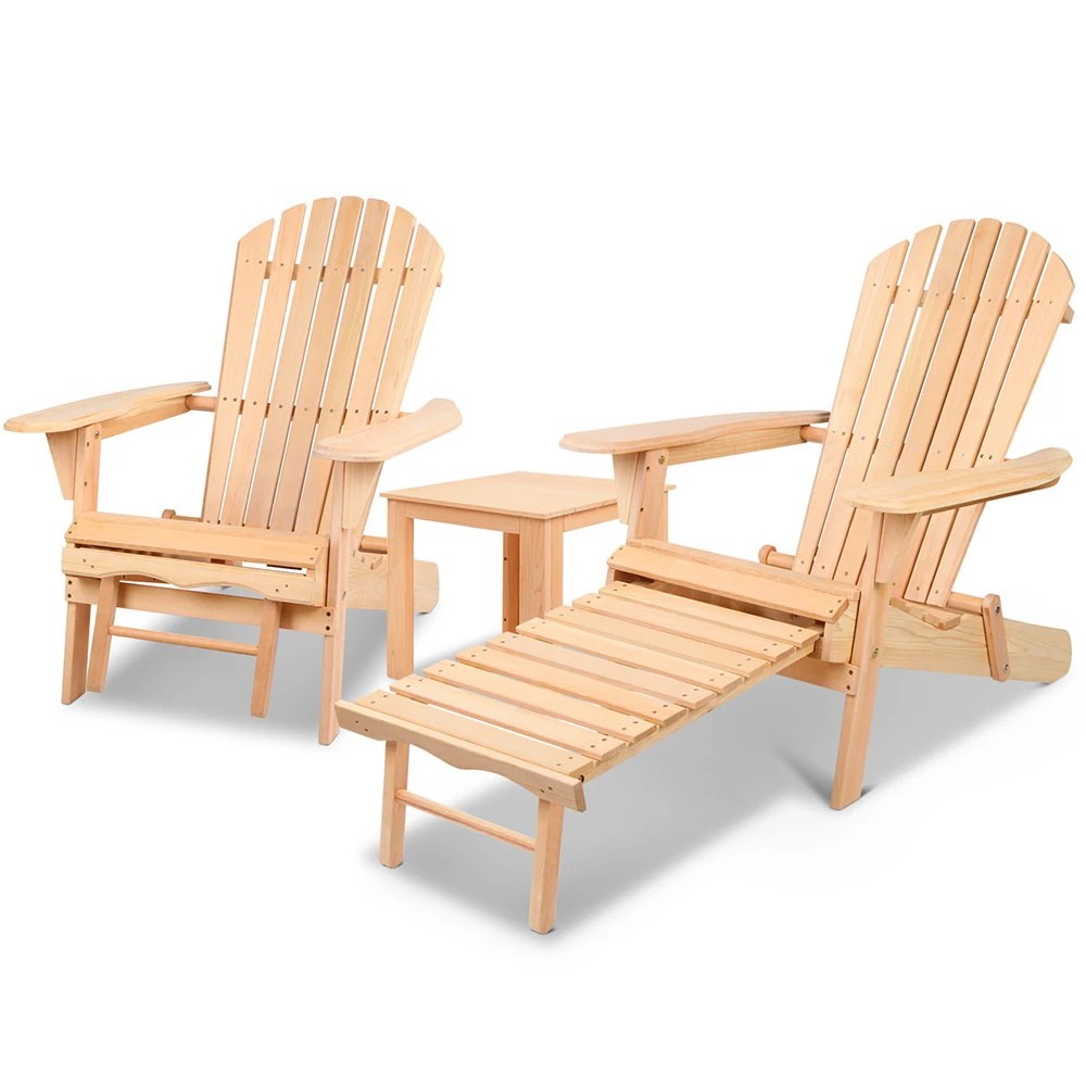 1 Gardeon 3PC Adirondack Outdoor Table and Chairs? Wooden Sun Lounge Beach Patio - Natural, 1 of 8
