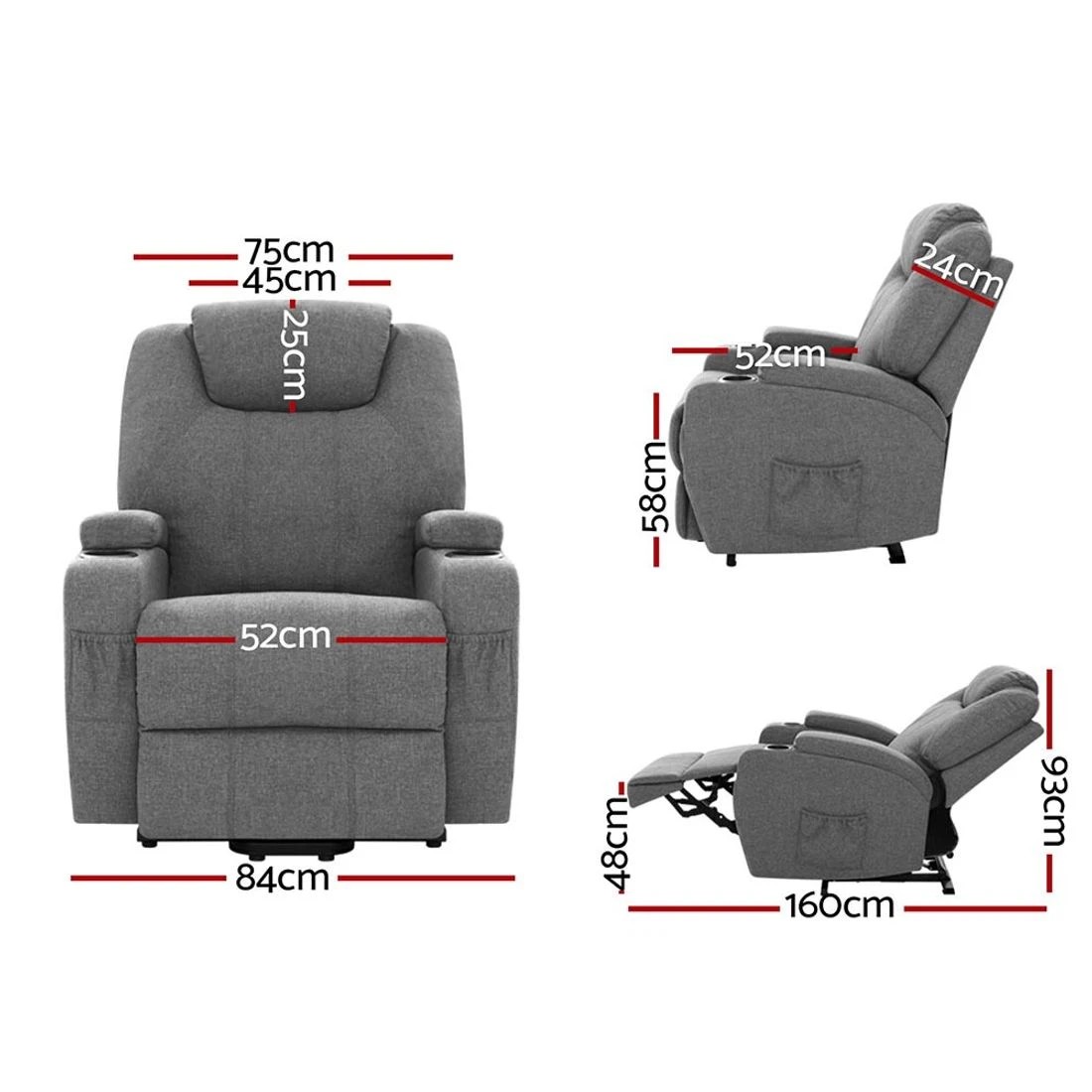 2 Artiss Recliner Chair Lift Assist Heated Massage Chair - Grey, 2 of 5