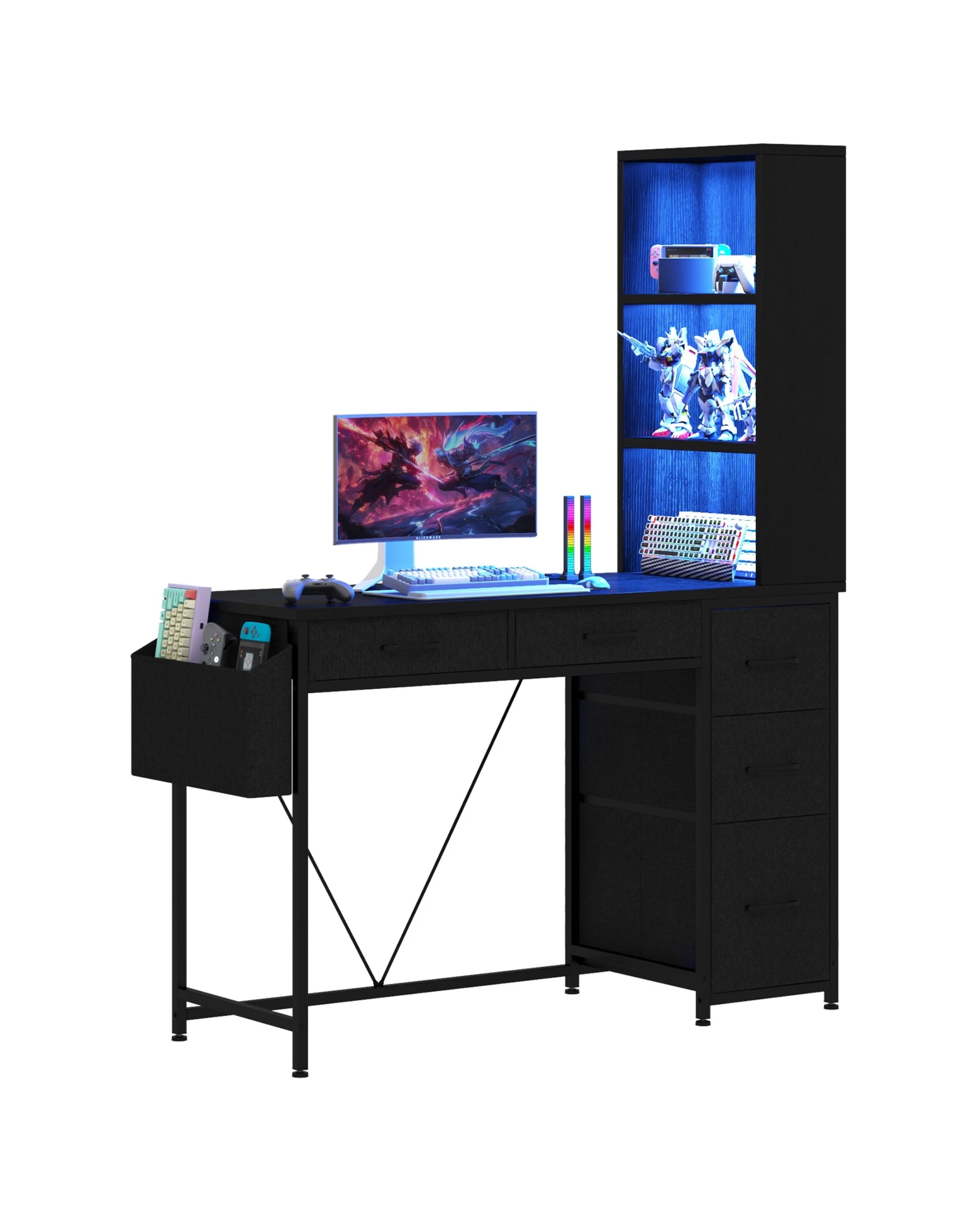3 Ufurniture LED Gaming Desk with Bookshelf, 4 Drawers & File Cabinet, Reversible Corner Computer Desk for Study - Black, 3 of 9