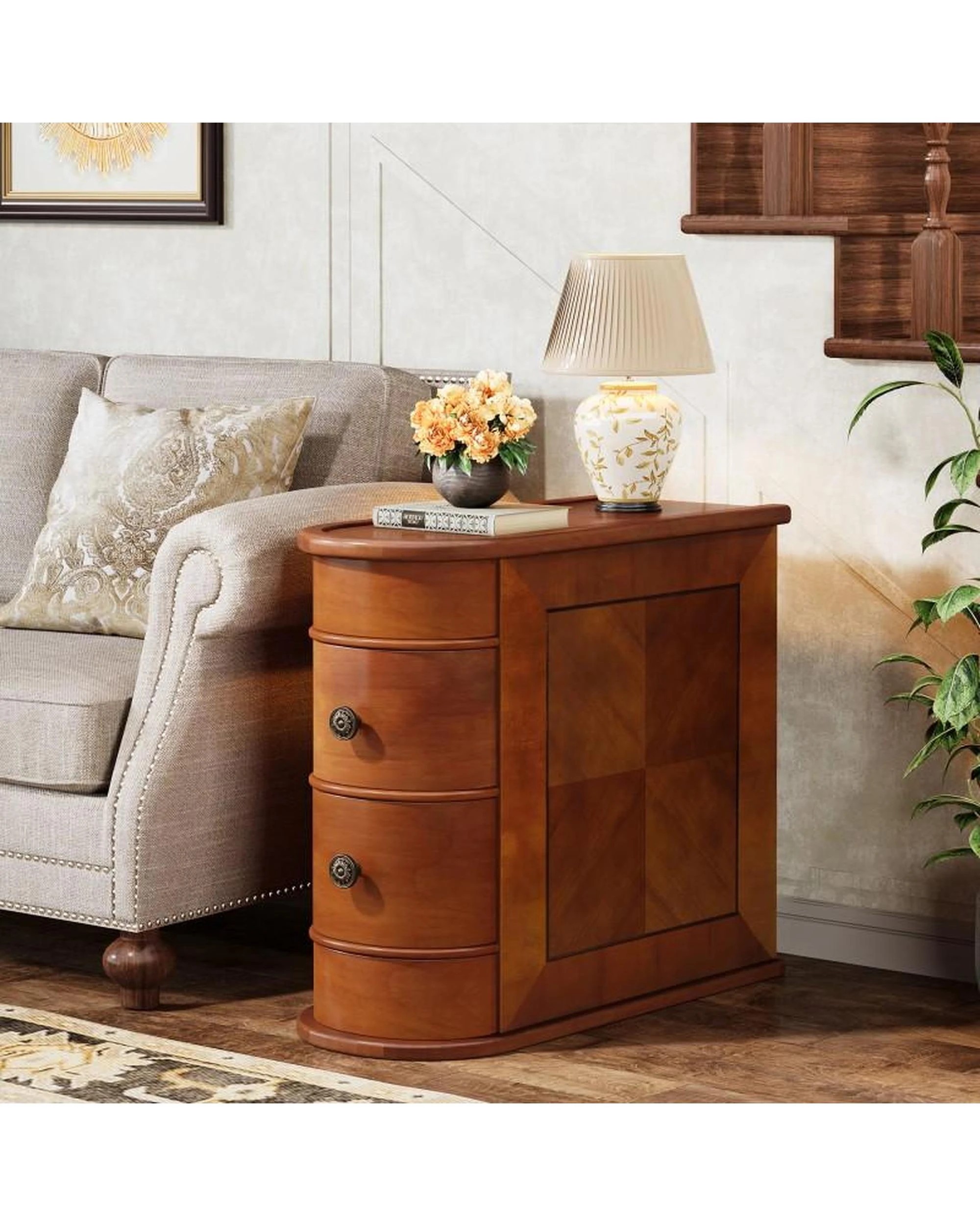 4 OAKORY 60cm End Table with 2 Drawers, Fully Assembled Narrow Side Table Walnut, 4 of 6