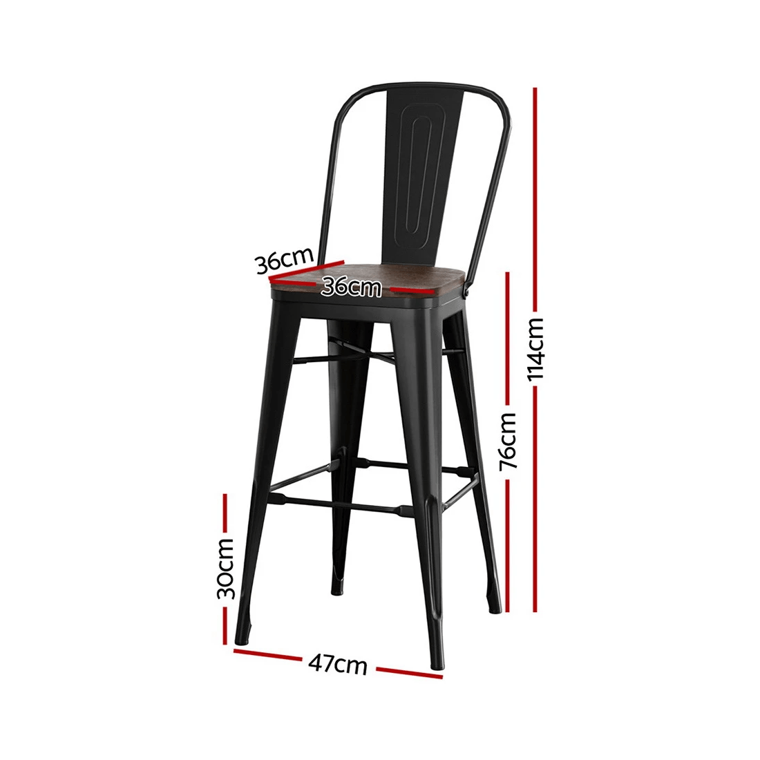 2 4x Artiss Metal Bar Stools Wooden Seat Retro Counter Stool - Black, 2 of 6