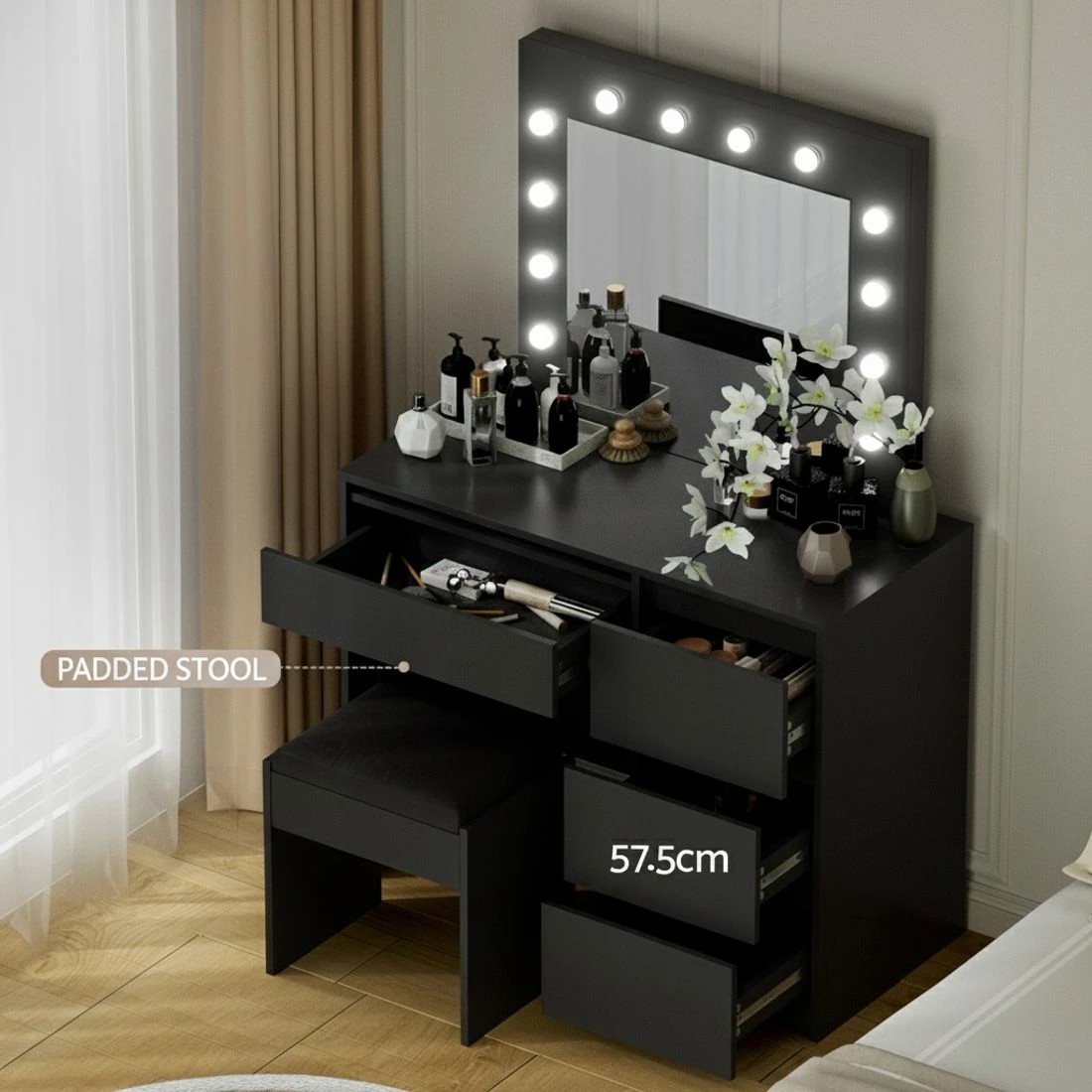 5 Artiss Dressing Table Set Stool 12 Led Bulbs - Black, 5 of 6