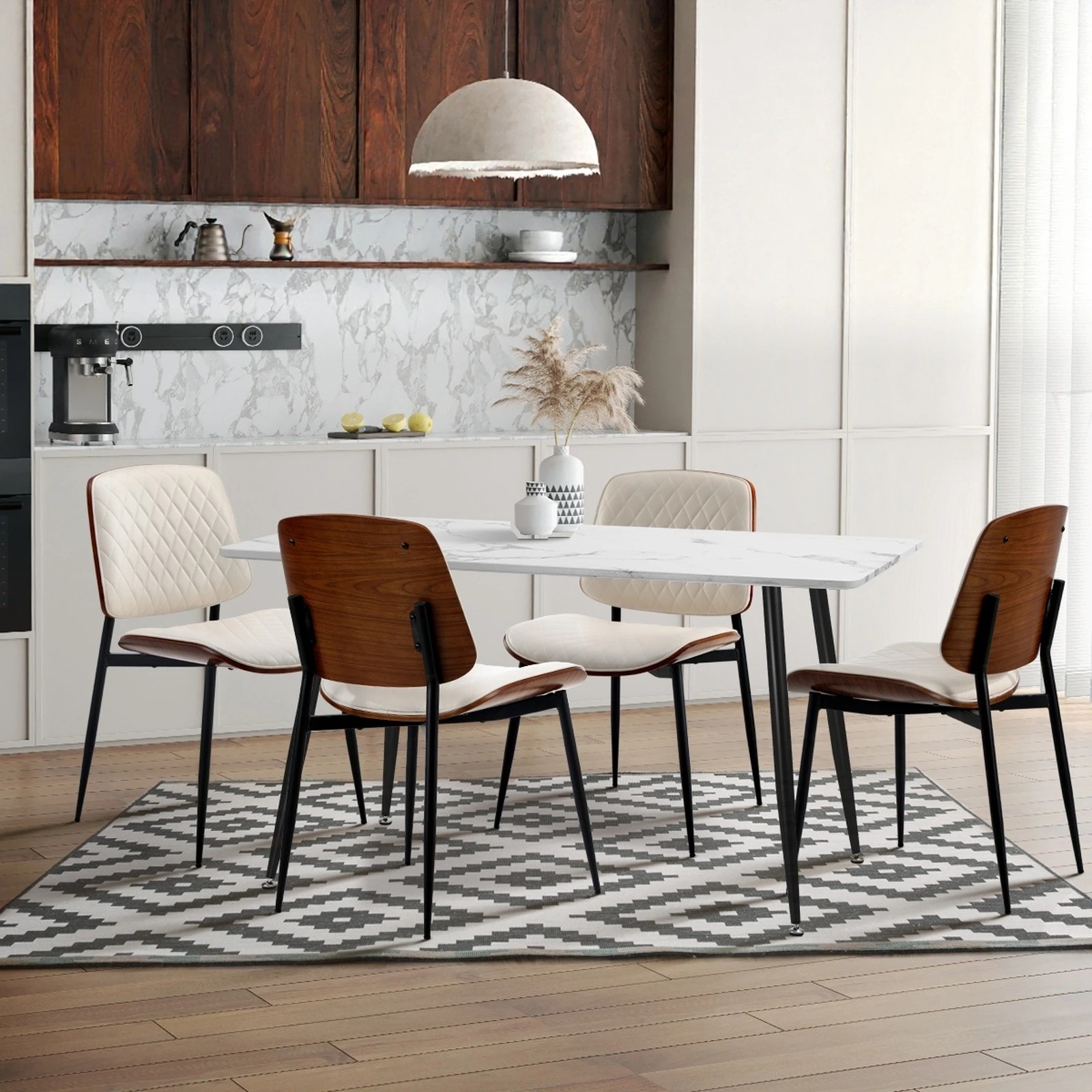 6 Oikiture 2x Dining Chairs Retro Faux Leather Solid Beech Wood Metal Legs
 - White, 6 of 10